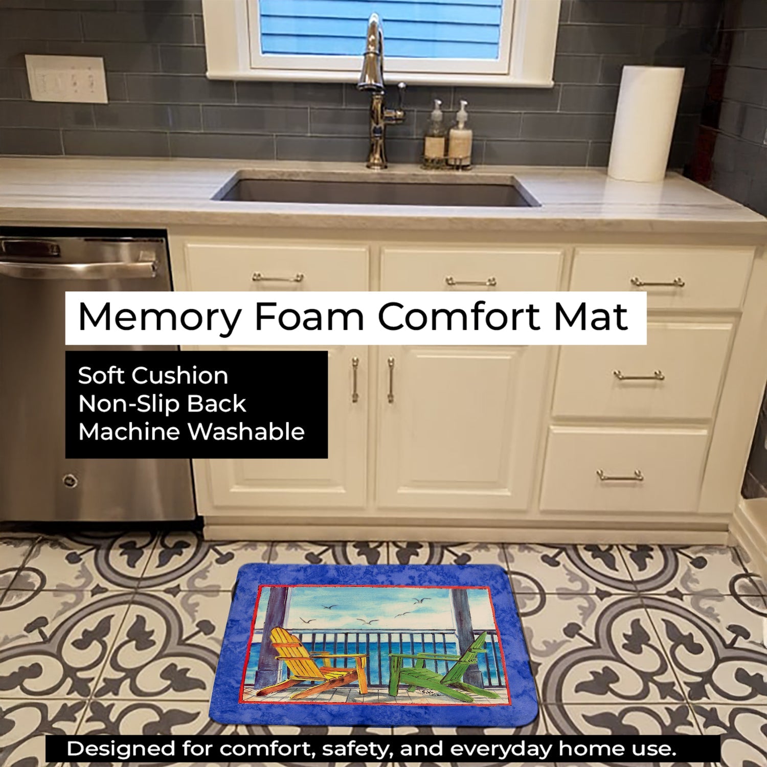 Adirondack Chairs Blue Memory Foam Kitchen Mat Machine Washable Anti-Fatigue Cushion Comfort Bath or Kitchen Rug