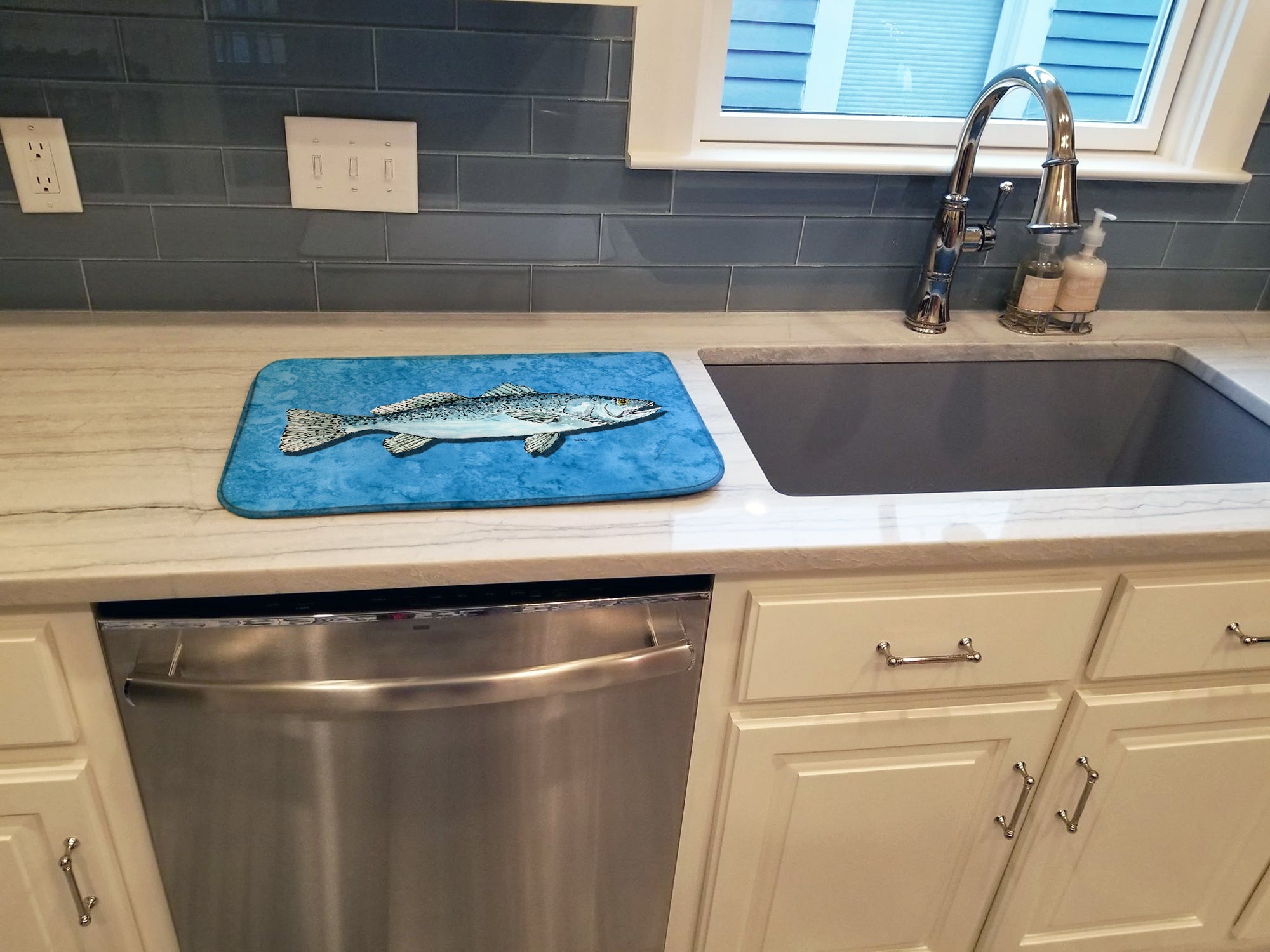 Fish - Trout Dish Drying Mat Absorbent Dish Drying Mat Pad for Kitchen Counter Dish Drainer Mat for Countertop, 14 x 21", Multicolor