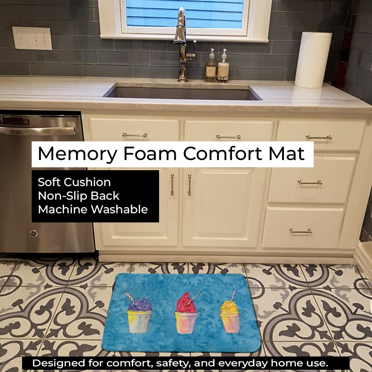 Snowballs and Snowcones Memory Foam Kitchen Mat Machine Washable Anti-Fatigue Cushion Comfort Bath or Kitchen Rug