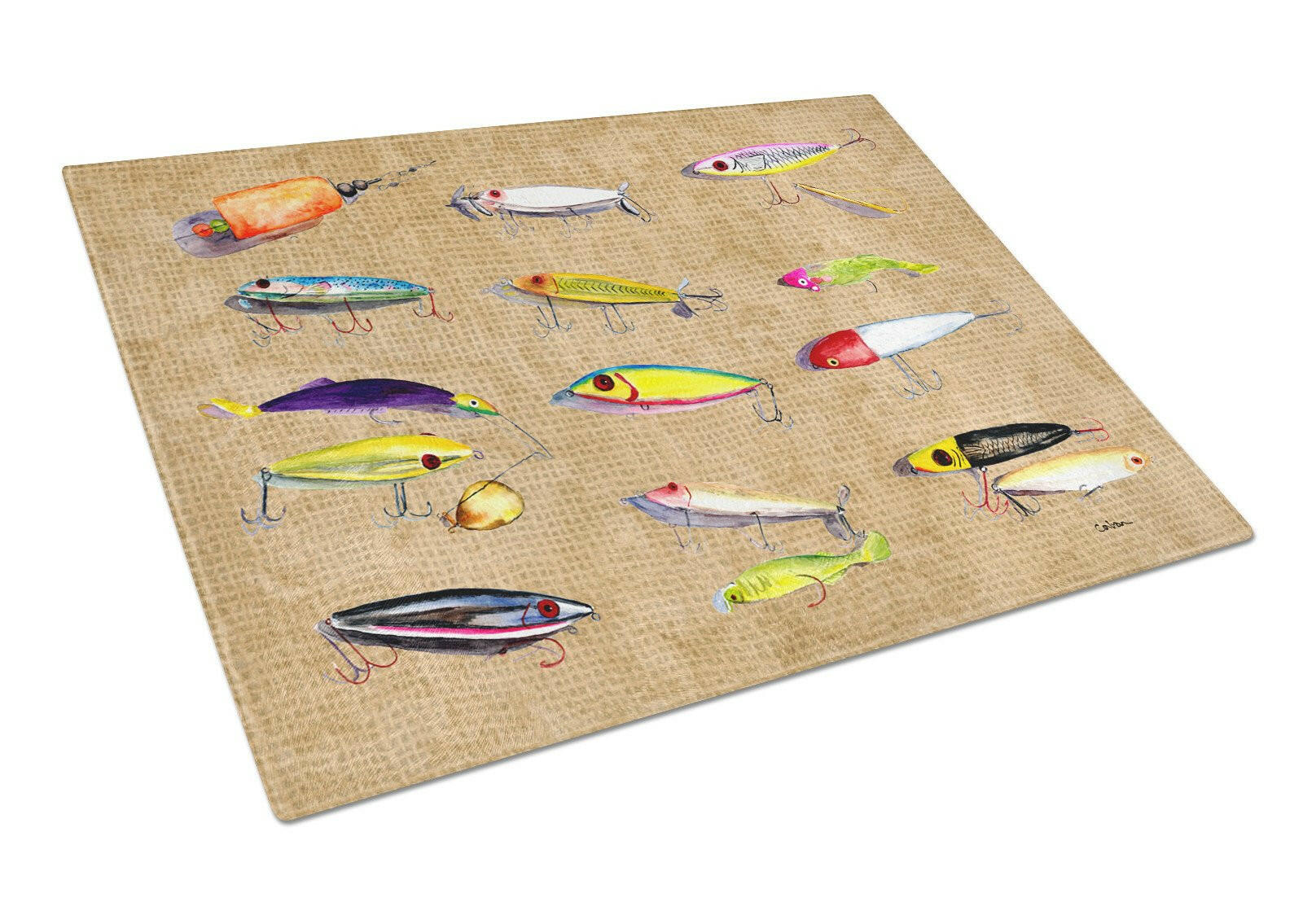 Fishing Lures Cutting Board Tempered Glass Kitchen Cutting Surface, Heat Resistant Chopping, Non-Slip Feet, Food Prep & Serving
