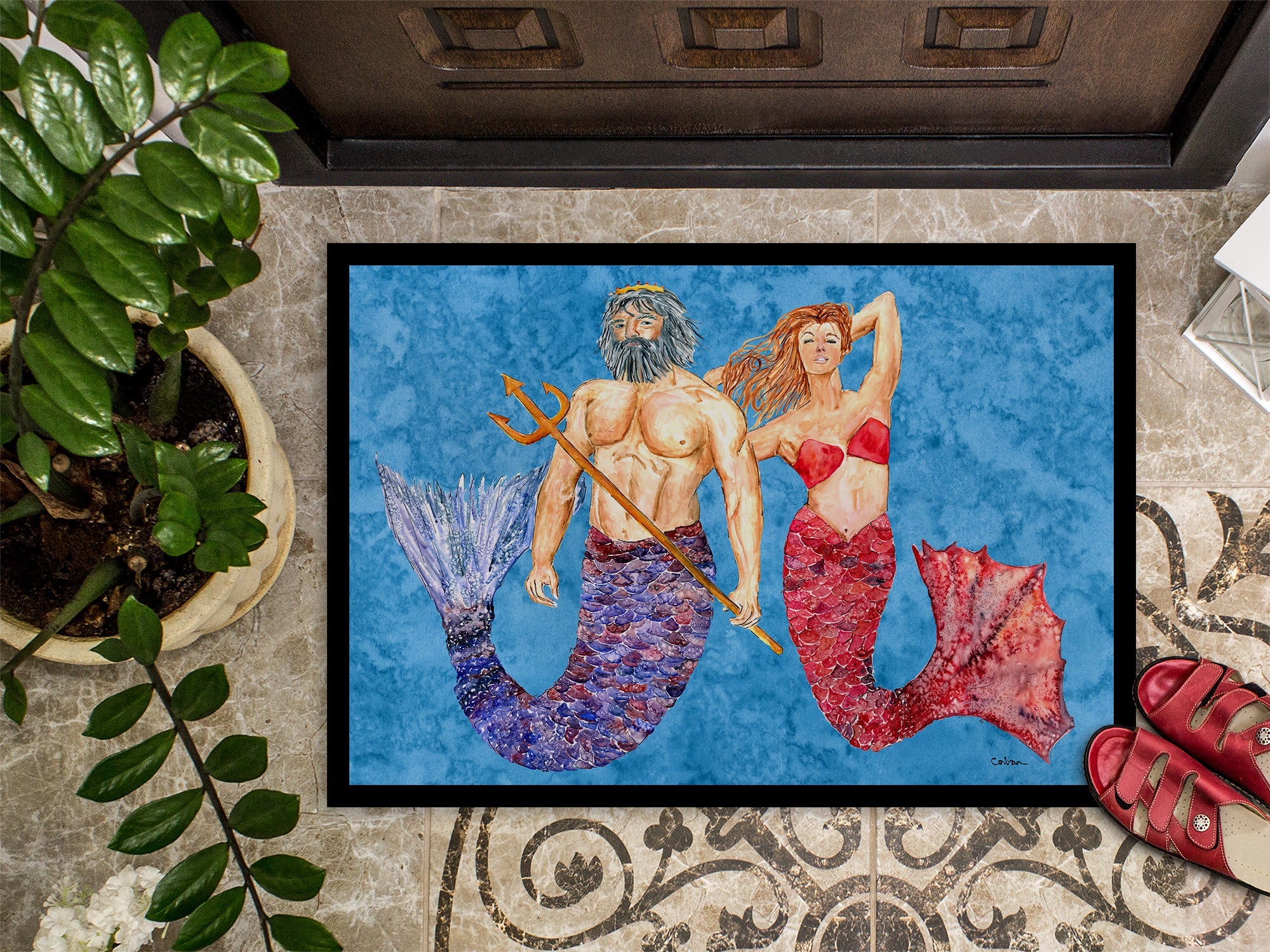 Mermaid and Merman Doormat Indoor Outdoor 24H X 36W Front Door Mat Rugs for Entryway, Non Slip Washable Low Pile,