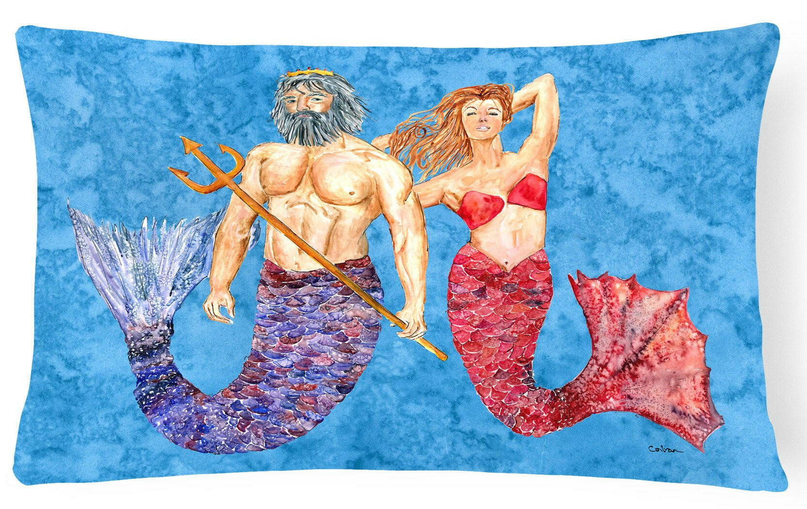 Mermaid and Merman Decorative Throw Pillow 12x16 Indoor Outdoor Accent Cushion, Fabric Cover with Insert for Sofa, Bed, Porch & Living Room