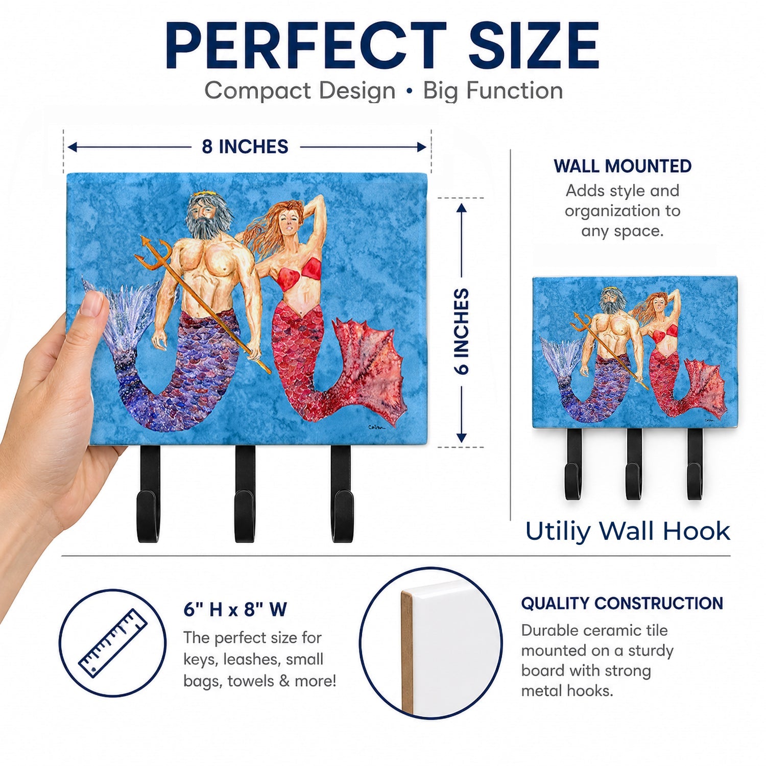 Mermaid and Merman Leash or Key Holder Wall Hooks, Coat Rack Wall Mount, for Hanging Keys, Towels, Aprons, Leashes