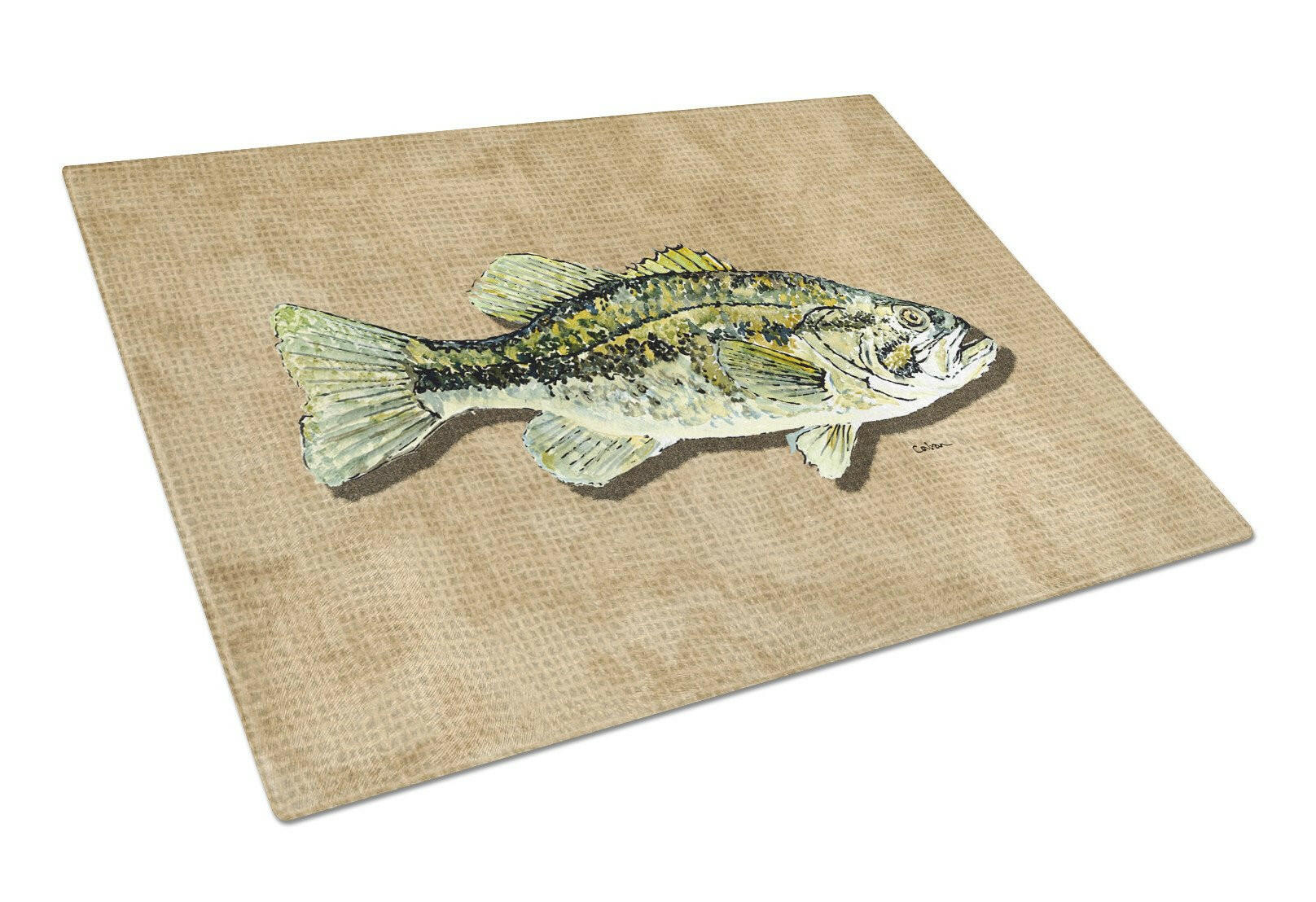 Small Mouth Bass Cutting Board Tempered Glass Kitchen Cutting Surface, Heat Resistant Chopping, Non-Slip Feet, Food Prep & Serving