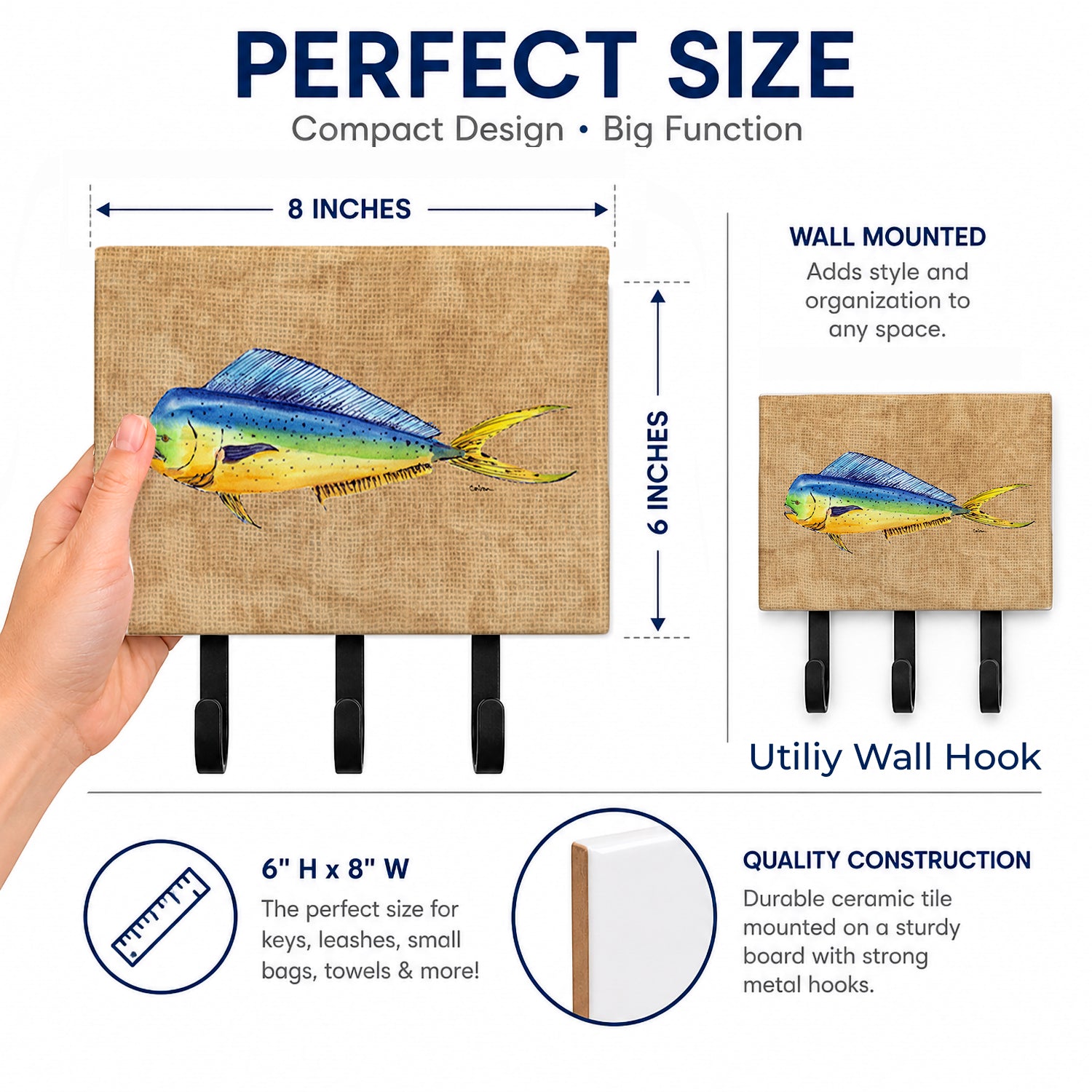 Dolphin Mahi Mahi Leash or Key Holder Wall Hooks, Coat Rack Wall Mount, for Hanging Keys, Towels, Aprons, Leashes