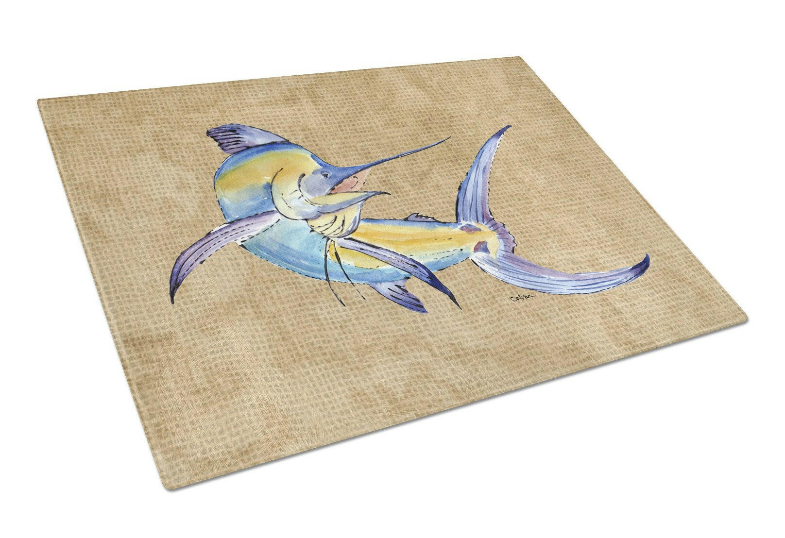 Blue Marlin Cutting Board Tempered Glass Kitchen Cutting Surface, Heat Resistant Chopping, Non-Slip Feet, Food Prep & Serving