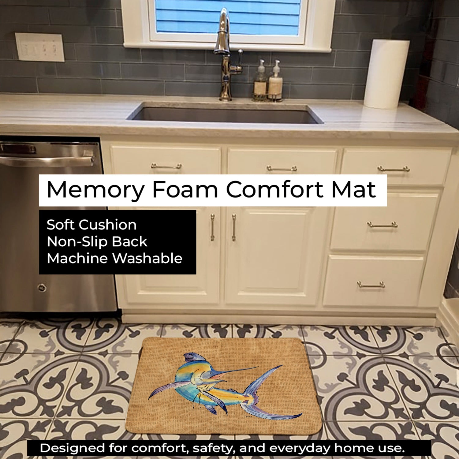 Blue Marlin Memory Foam Kitchen Mat Machine Washable Anti-Fatigue Cushion Comfort Bath or Kitchen Rug