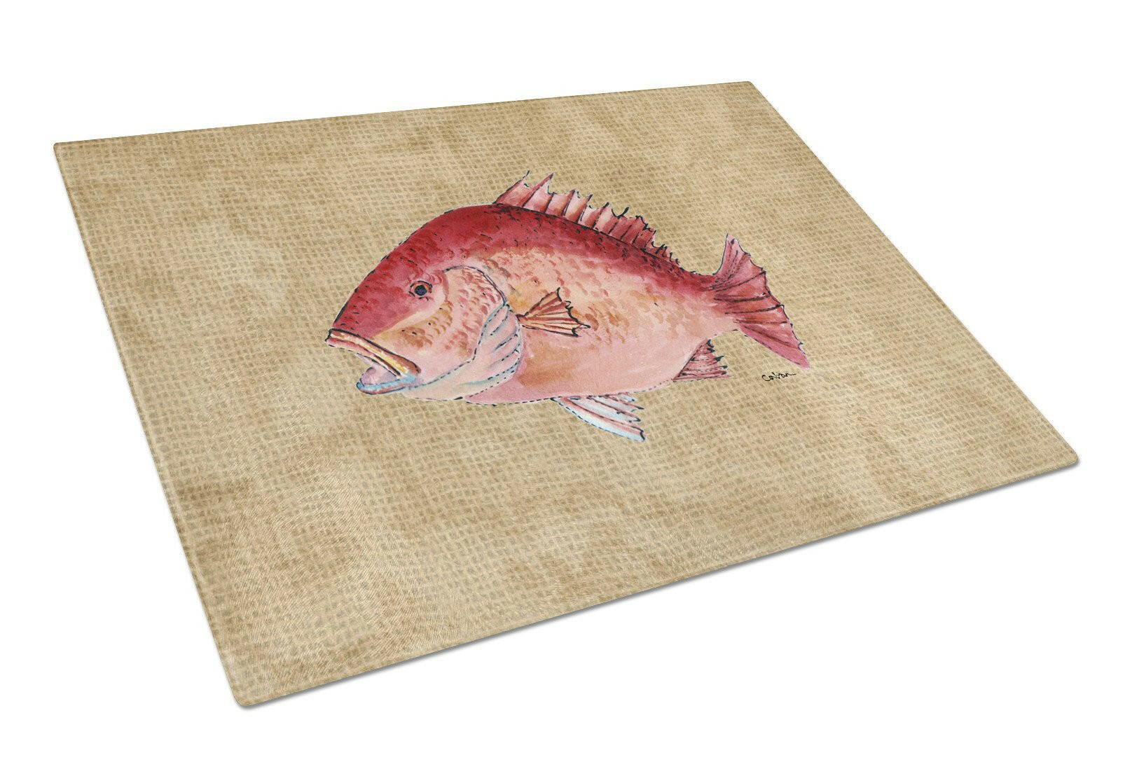 Strawberry Snapper Cutting Board Tempered Glass Kitchen Cutting Surface, Heat Resistant Chopping, Non-Slip Feet, Food Prep & Serving