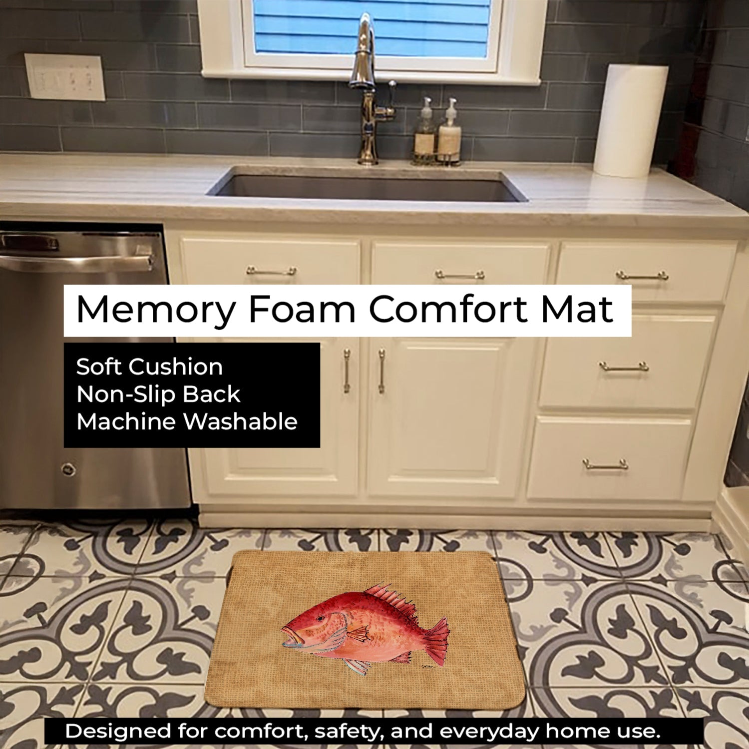 Strawberry Snapper Memory Foam Kitchen Mat Machine Washable Anti-Fatigue Cushion Comfort Bath or Kitchen Rug