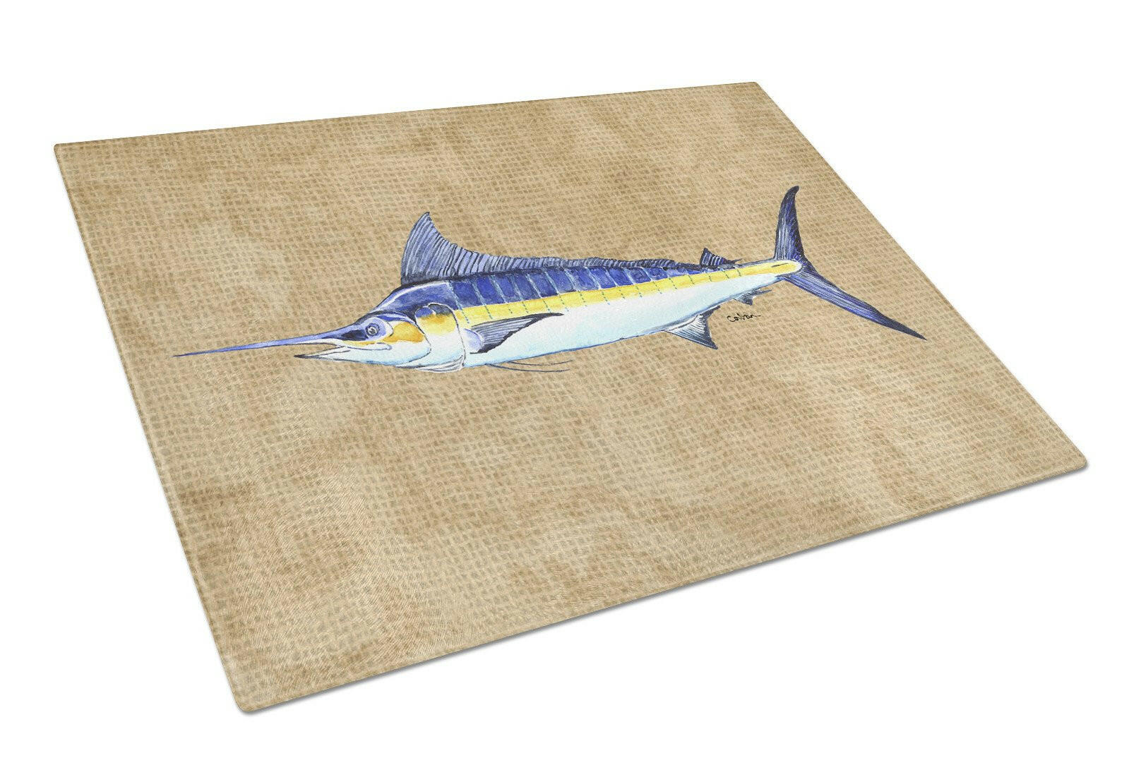 Blue Marlin Cutting Board Tempered Glass Kitchen Cutting Surface, Heat Resistant Chopping, Non-Slip Feet, Food Prep & Serving