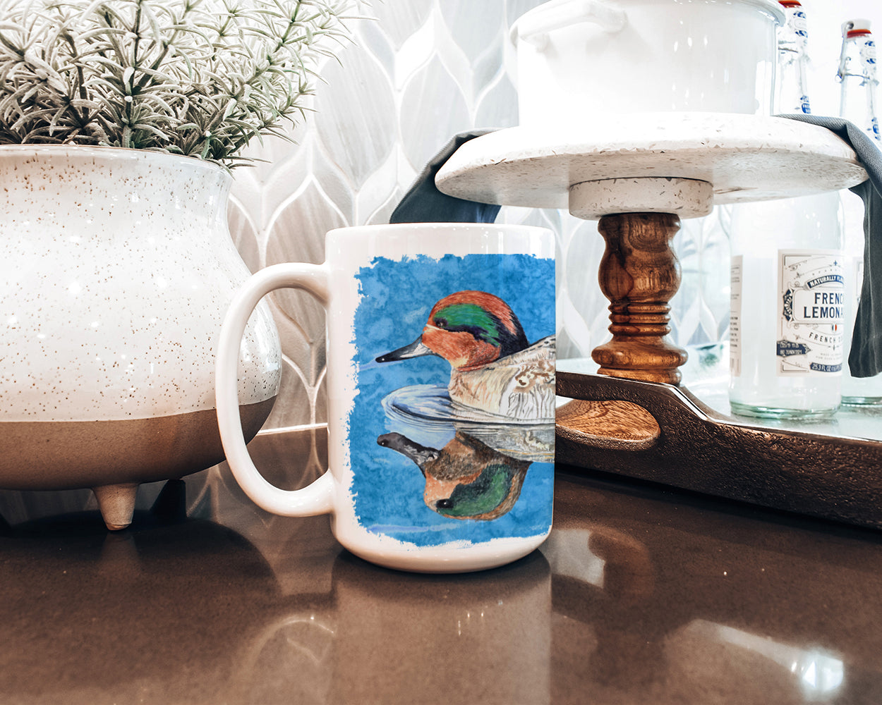 Teal Duck Ceramic Coffee Mug 15 oz Decorative Large C Handle Mug Cup for Tea, Cocoa Hot Chocolate