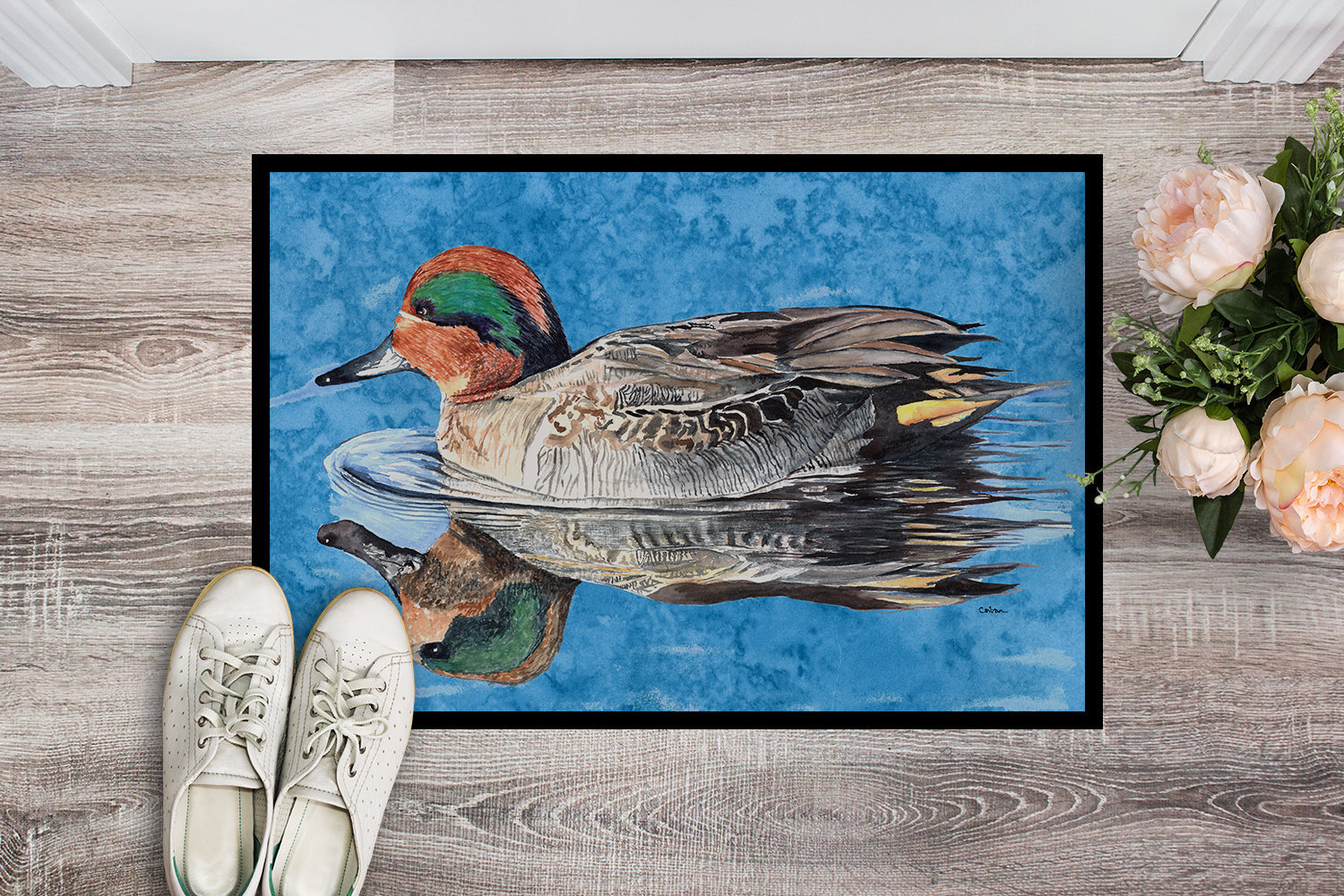 Teal Duck Doormat Indoor Outdoor 24H X 36W Front Door Mat Rugs for Entryway, Non Slip Washable Low Pile,