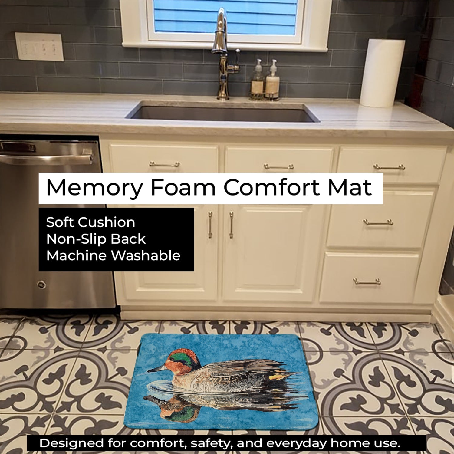 Teal Duck Memory Foam Kitchen Mat Machine Washable Anti-Fatigue Cushion Comfort Bath or Kitchen Rug