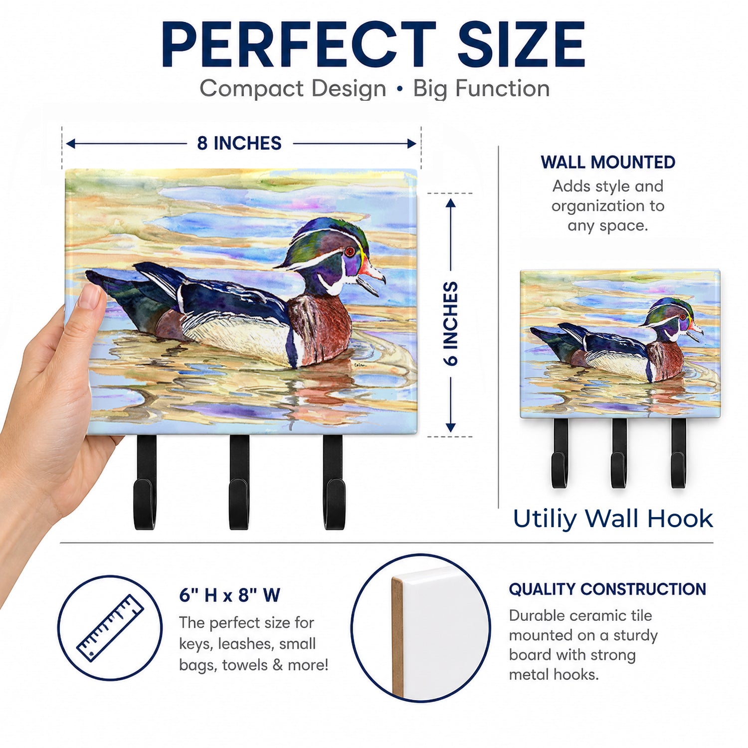 Wood Duck Leash or Key Holder Wall Hooks, Coat Rack Wall Mount, for Hanging Keys, Towels, Aprons, Leashes