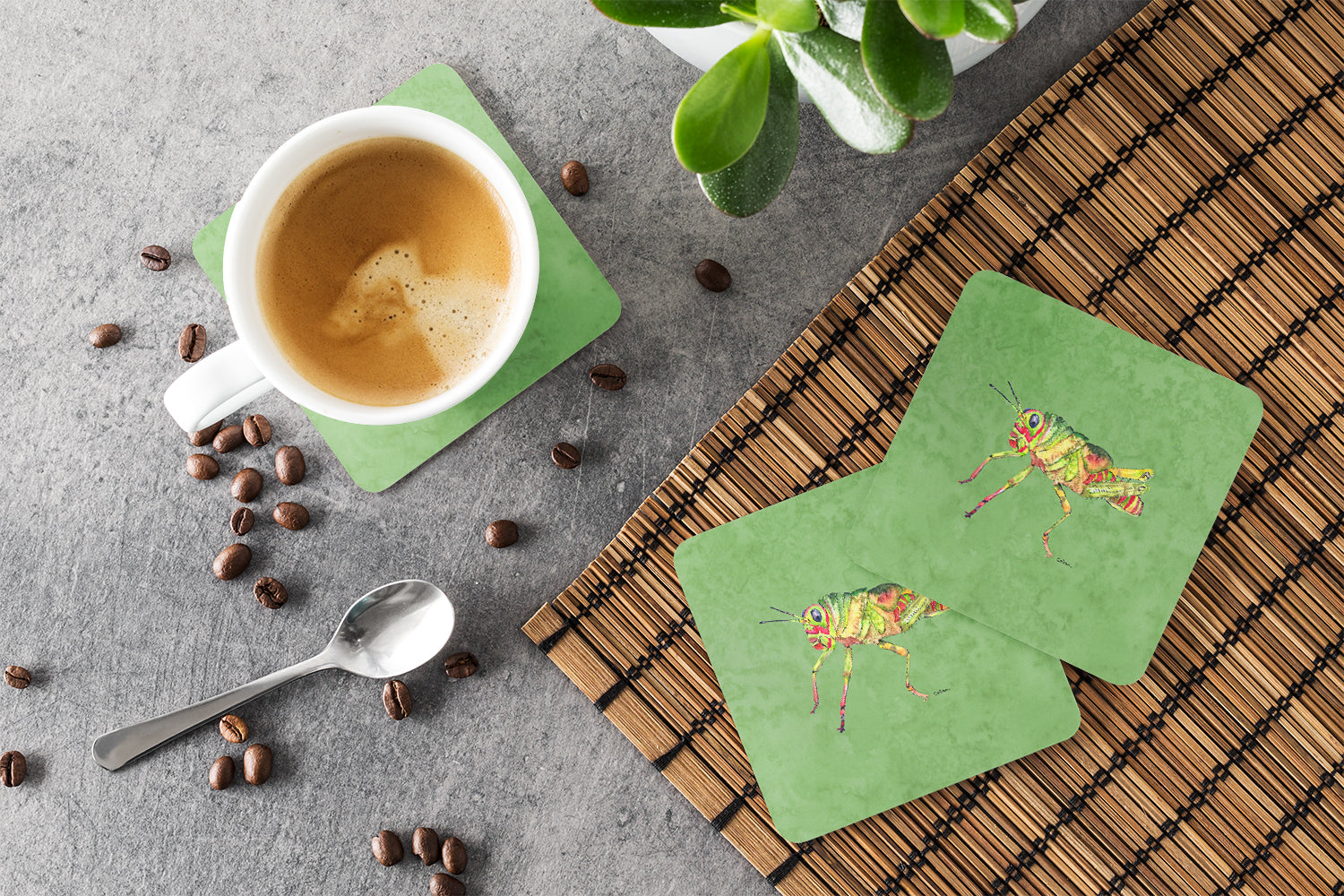 Grasshopper on Avacado Foam Coasters Set of 4 Cup Coasters for Indoor Outdoor, Tabletop Protection, Anti Slip, Mouse pad Material