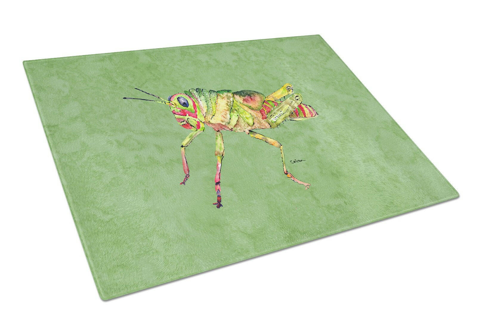 Grasshopper on Avacado Cutting Board Tempered Glass Kitchen Cutting Surface, Heat Resistant Chopping, Non-Slip Feet, Food Prep & Serving