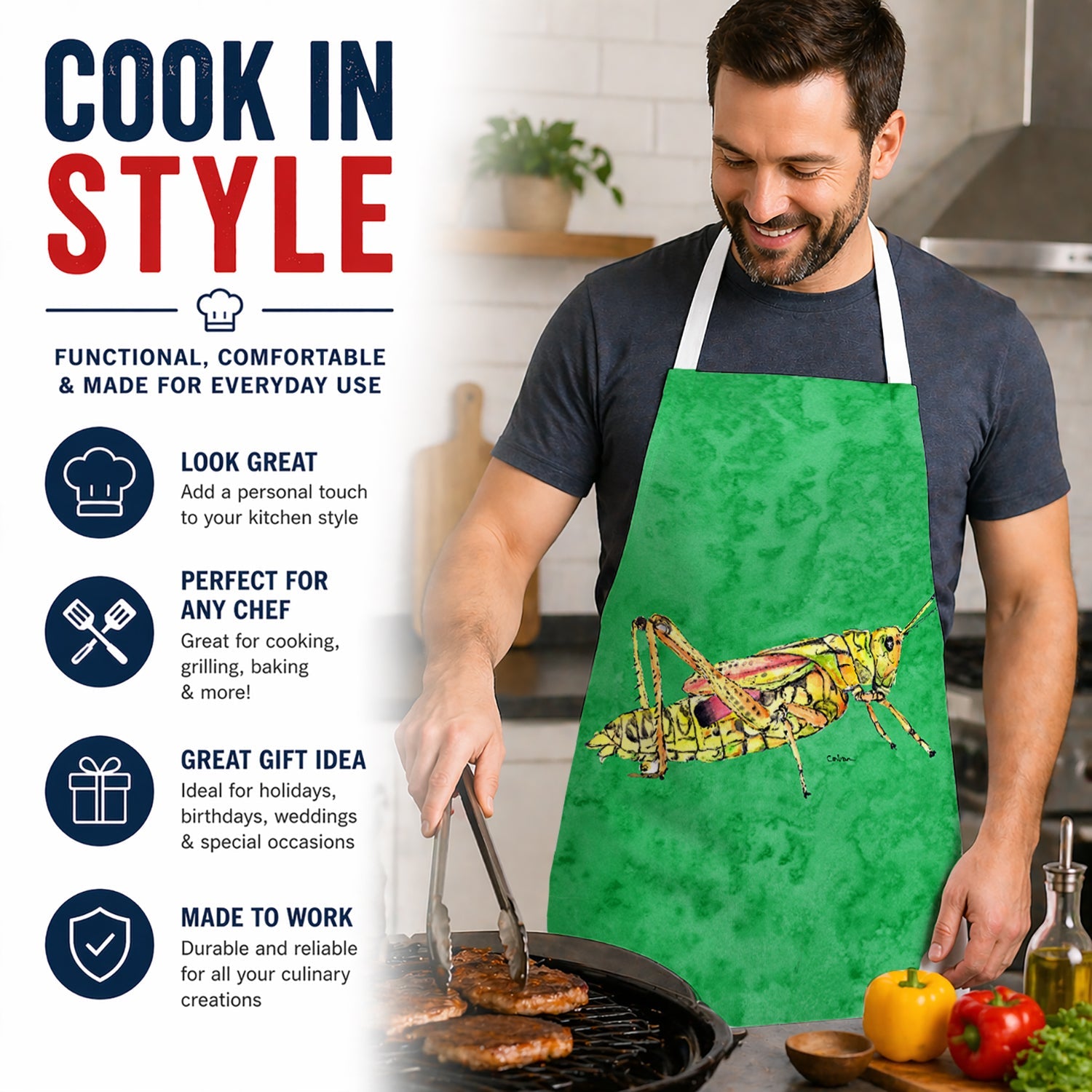 Grasshopper on Green Apron Cooking Kitchen Server Baking Crafts Gardening for Adult Women Men, Unisex, Large, Multicolor