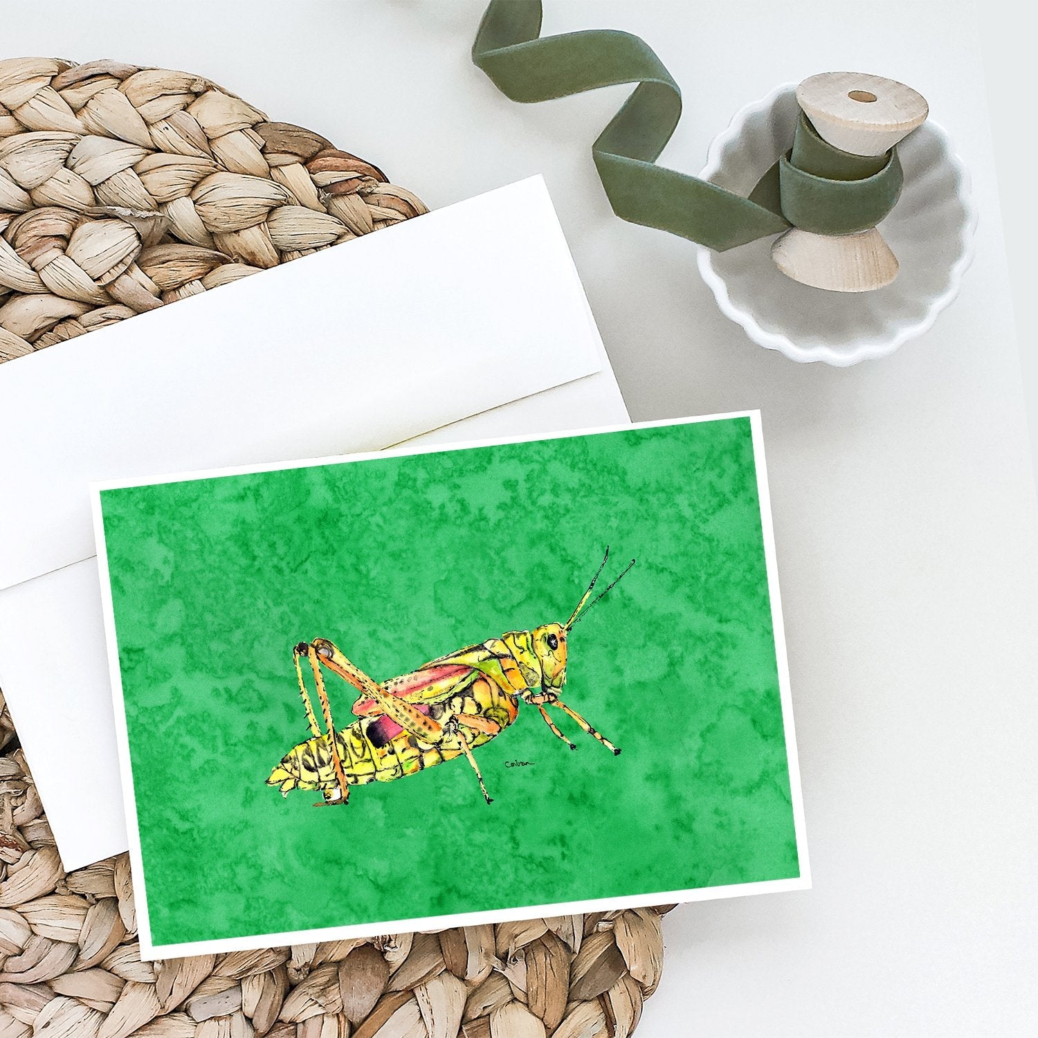 Grasshopper on Green Greeting Cards Pack of 8 Blank Cards with Envelopes Whimsical A7 Size 5x7