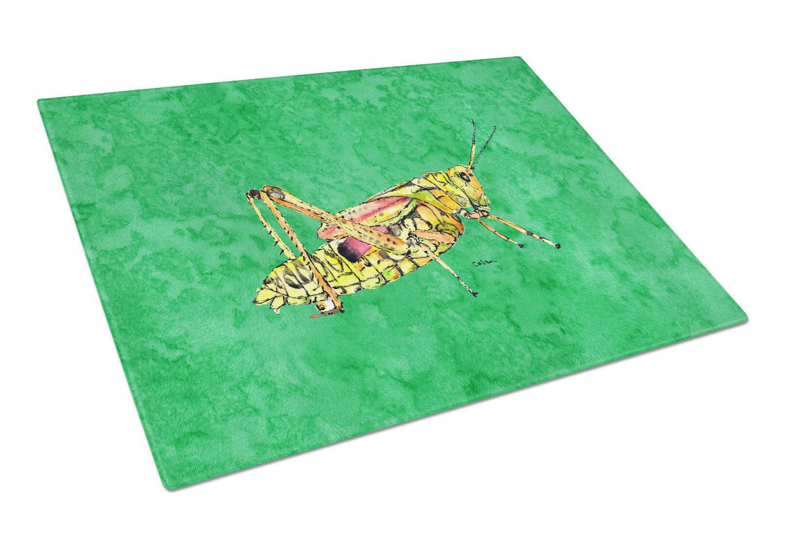 Grasshopper on Green Cutting Board Tempered Glass Kitchen Cutting Surface, Heat Resistant Chopping, Non-Slip Feet, Food Prep & Serving