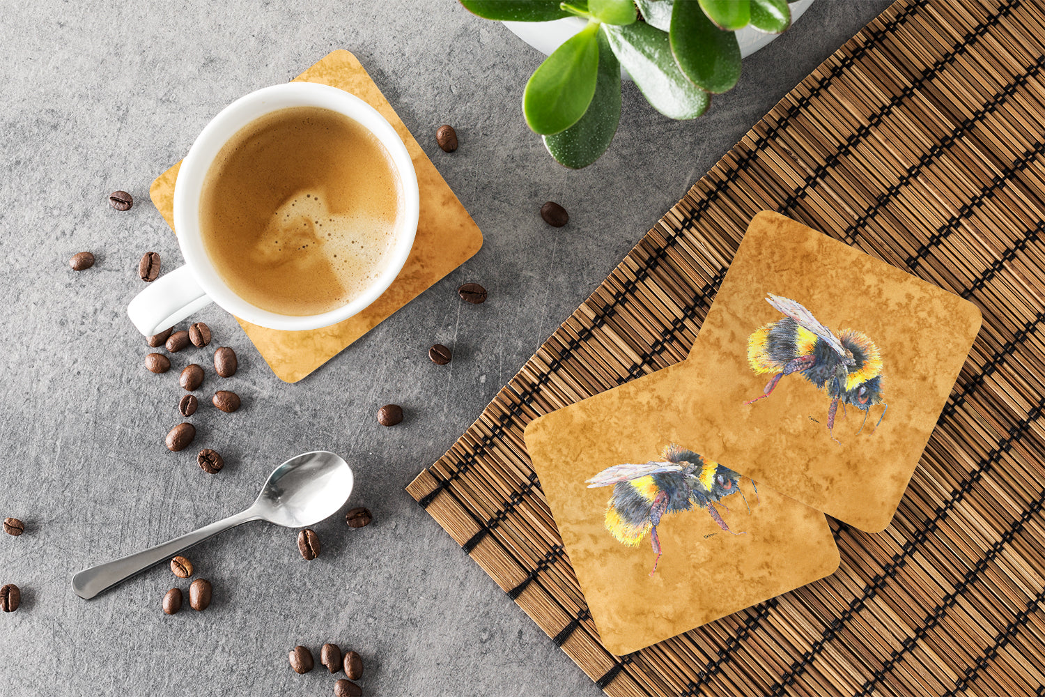 Bee on Gold Foam Coasters Set of 4 Cup Coasters for Indoor Outdoor, Tabletop Protection, Anti Slip, Mouse pad Material