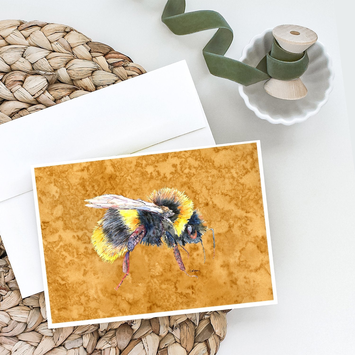 Bee on Gold Greeting Cards Pack of 8 Blank Cards with Envelopes Whimsical A7 Size 5x7