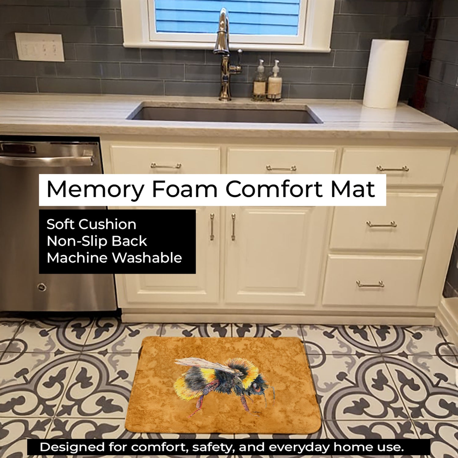 Bee on Gold Memory Foam Kitchen Mat Machine Washable Anti-Fatigue Cushion Comfort Bath or Kitchen Rug