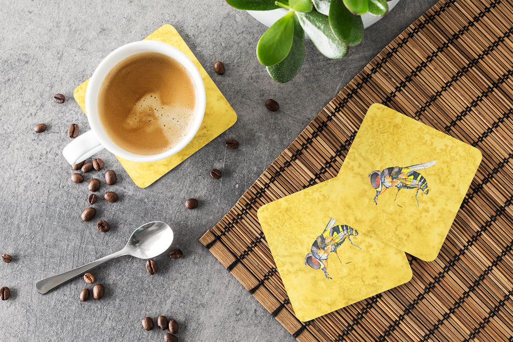 Bee on Yellow Foam Coasters Set of 4 Cup Coasters for Indoor Outdoor, Tabletop Protection, Anti Slip, Mouse pad Material