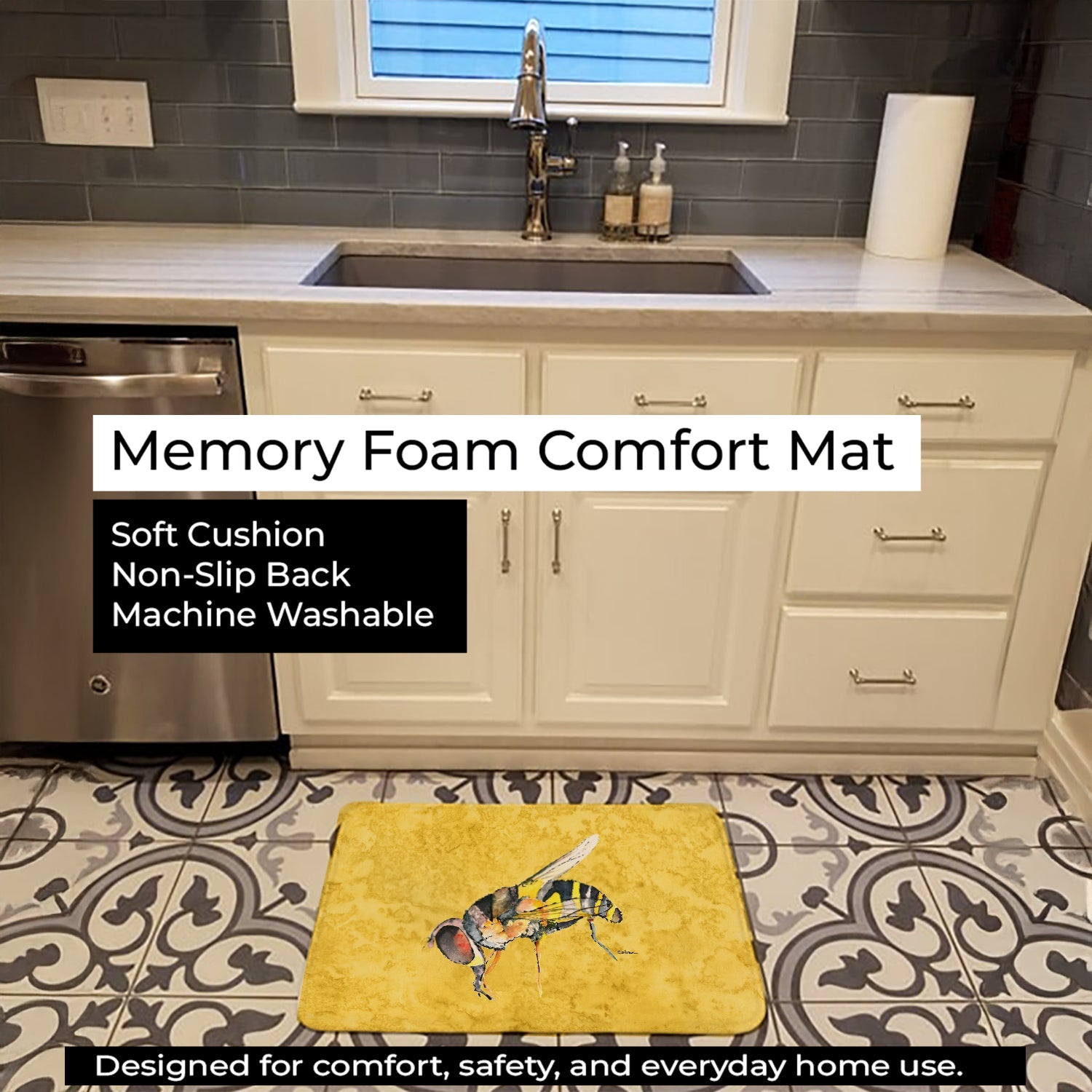 Bee on Yellow Memory Foam Kitchen Mat Machine Washable Anti-Fatigue Cushion Comfort Bath or Kitchen Rug