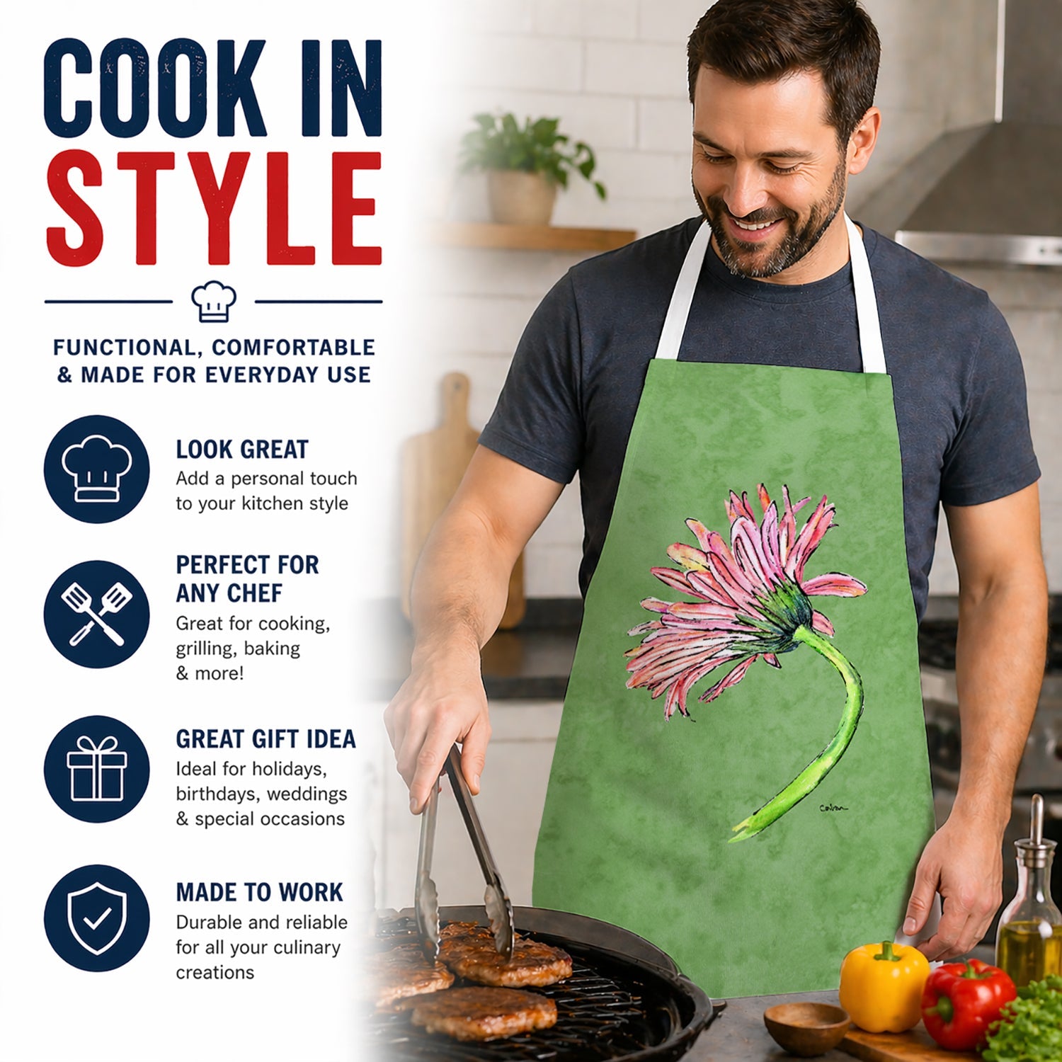 Gerber Daisy Pink Apron Cooking Kitchen Server Baking Crafts Gardening for Adult Women Men, Unisex, Large, Multicolor