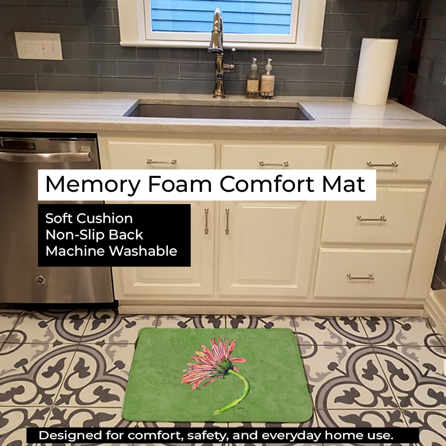 Gerber Daisy Pink Memory Foam Kitchen Mat Machine Washable Anti-Fatigue Cushion Comfort Bath or Kitchen Rug