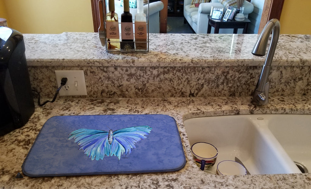 Butterfly on Slate Blue Dish Drying Mat Absorbent Dish Drying Mat Pad for Kitchen Counter Dish Drainer Mat for Countertop, 14 x 21", Multicolor