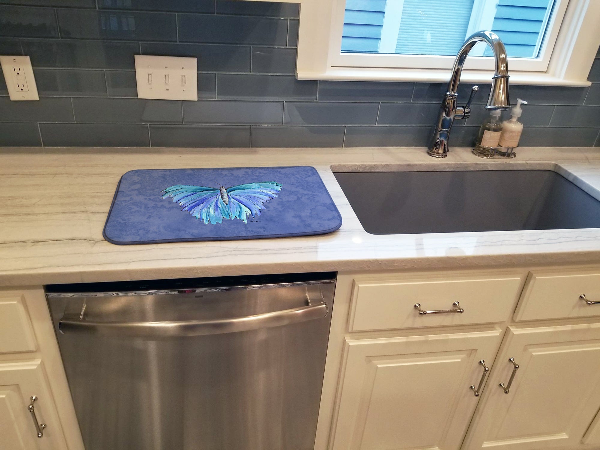 Butterfly on Slate Blue Dish Drying Mat Absorbent Dish Drying Mat Pad for Kitchen Counter Dish Drainer Mat for Countertop, 14 x 21", Multicolor