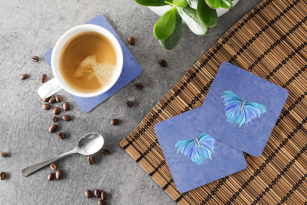 Butterfly on Slate Blue Foam Coasters Set of 4 Cup Coasters for Indoor Outdoor, Tabletop Protection, Anti Slip, Mouse pad Material