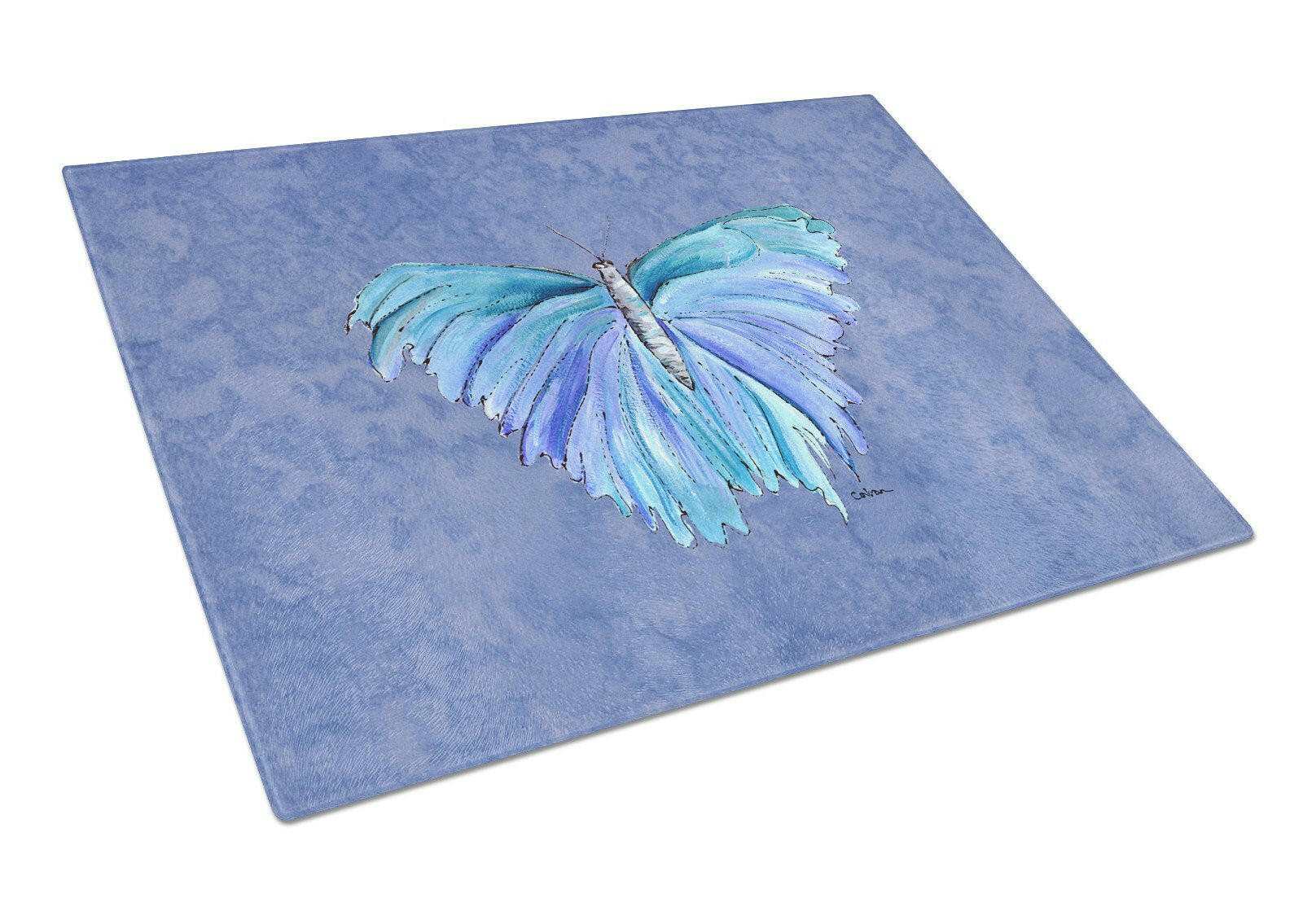 Butterfly on Slate Blue Cutting Board Tempered Glass Kitchen Cutting Surface, Heat Resistant Chopping, Non-Slip Feet, Food Prep & Serving