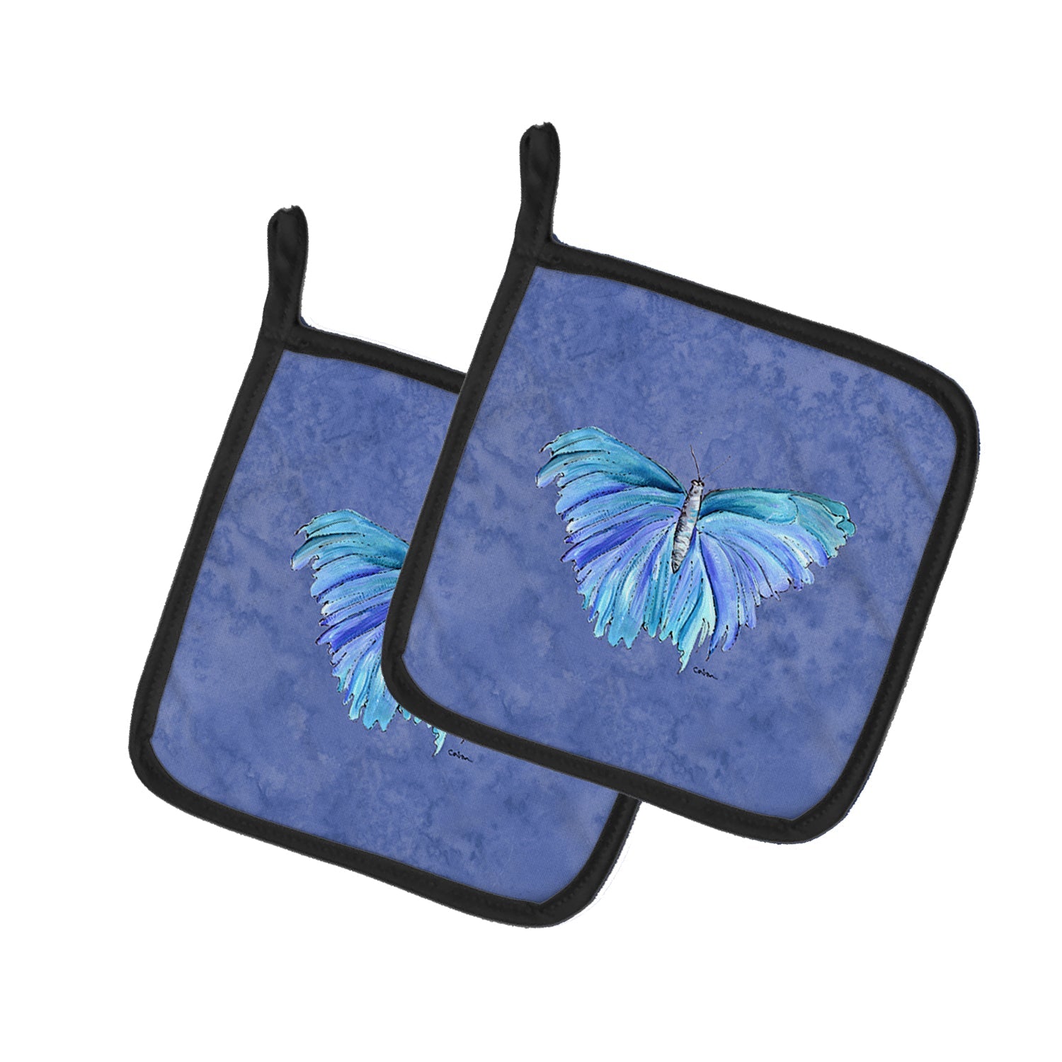 Butterfly on Slate Blue Pot Holder Set of 2 Heat Resistant Quilted Hot Pads 7.5 x 7.5 Inch, Insulated Kitchen Trivets for Cooking & Baking