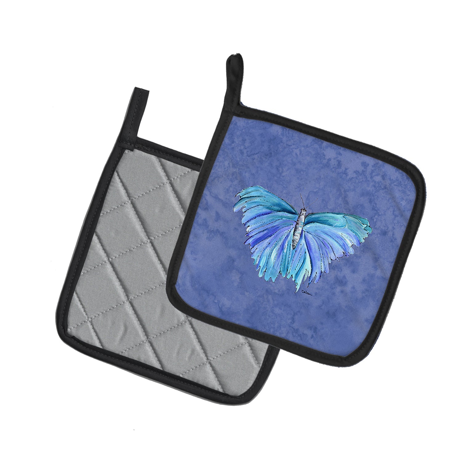 Butterfly on Slate Blue Pot Holder Set of 2 Heat Resistant Quilted Hot Pads 7.5 x 7.5 Inch, Insulated Kitchen Trivets for Cooking & Baking