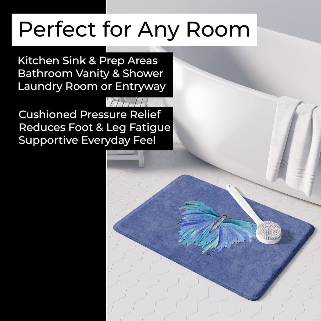 Butterfly on Slate Blue Memory Foam Kitchen Mat Machine Washable Anti-Fatigue Cushion Comfort Bath or Kitchen Rug