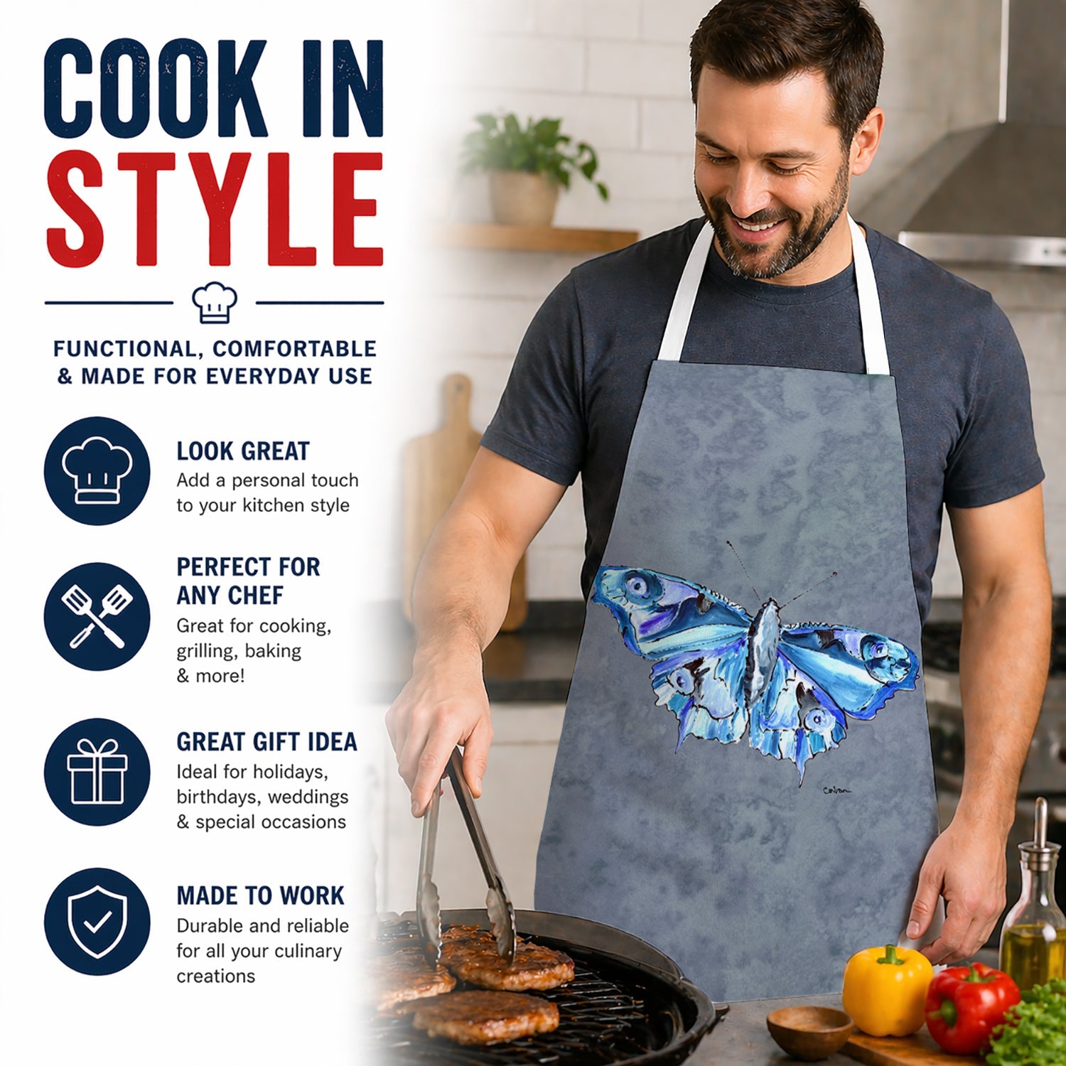 Butterfly on Gray Apron Cooking Kitchen Server Baking Crafts Gardening for Adult Women Men, Unisex, Large, Multicolor