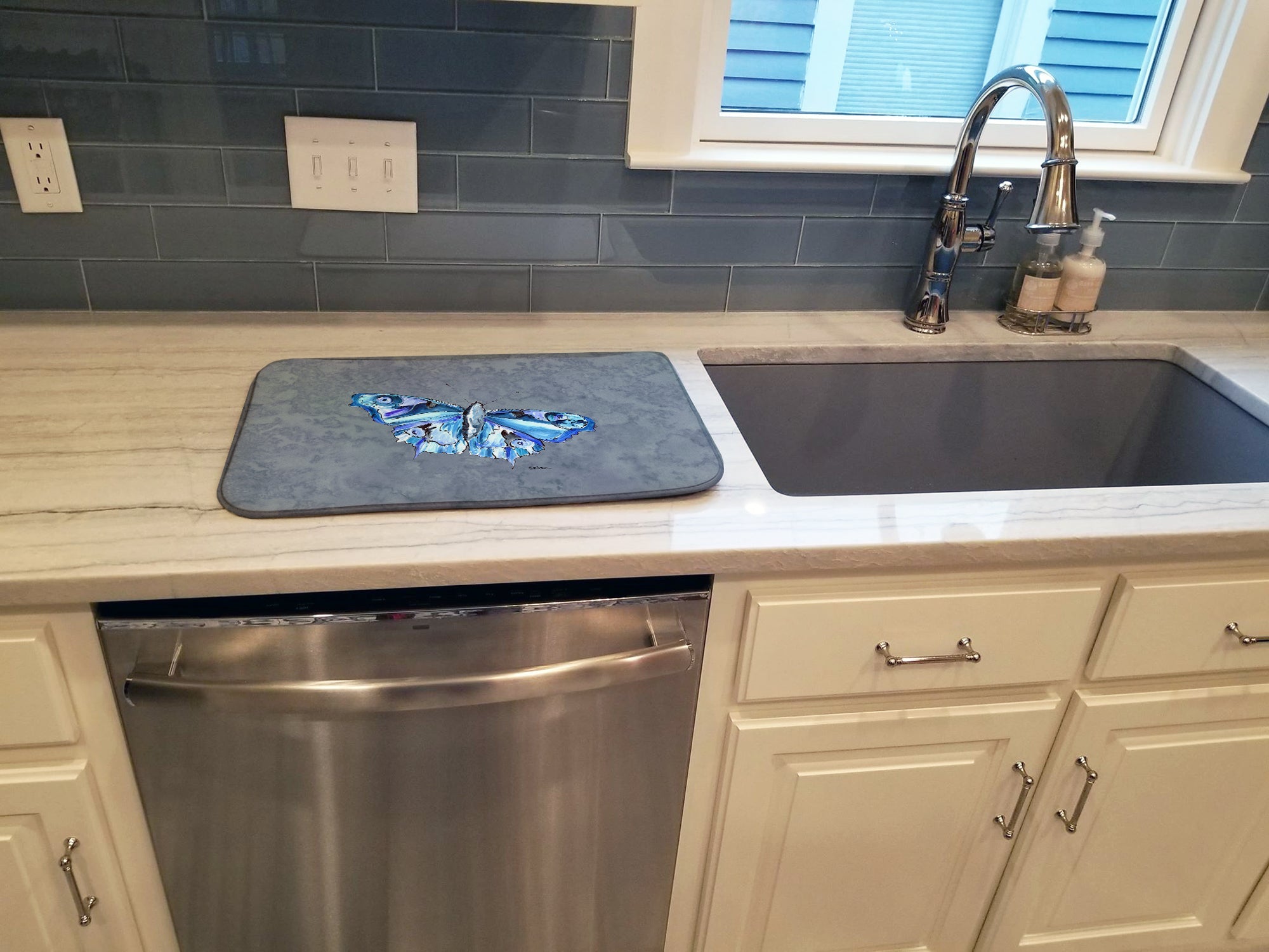 Butterfly on Gray Dish Drying Mat Absorbent Dish Drying Mat Pad for Kitchen Counter Dish Drainer Mat for Countertop, 14 x 21", Multicolor