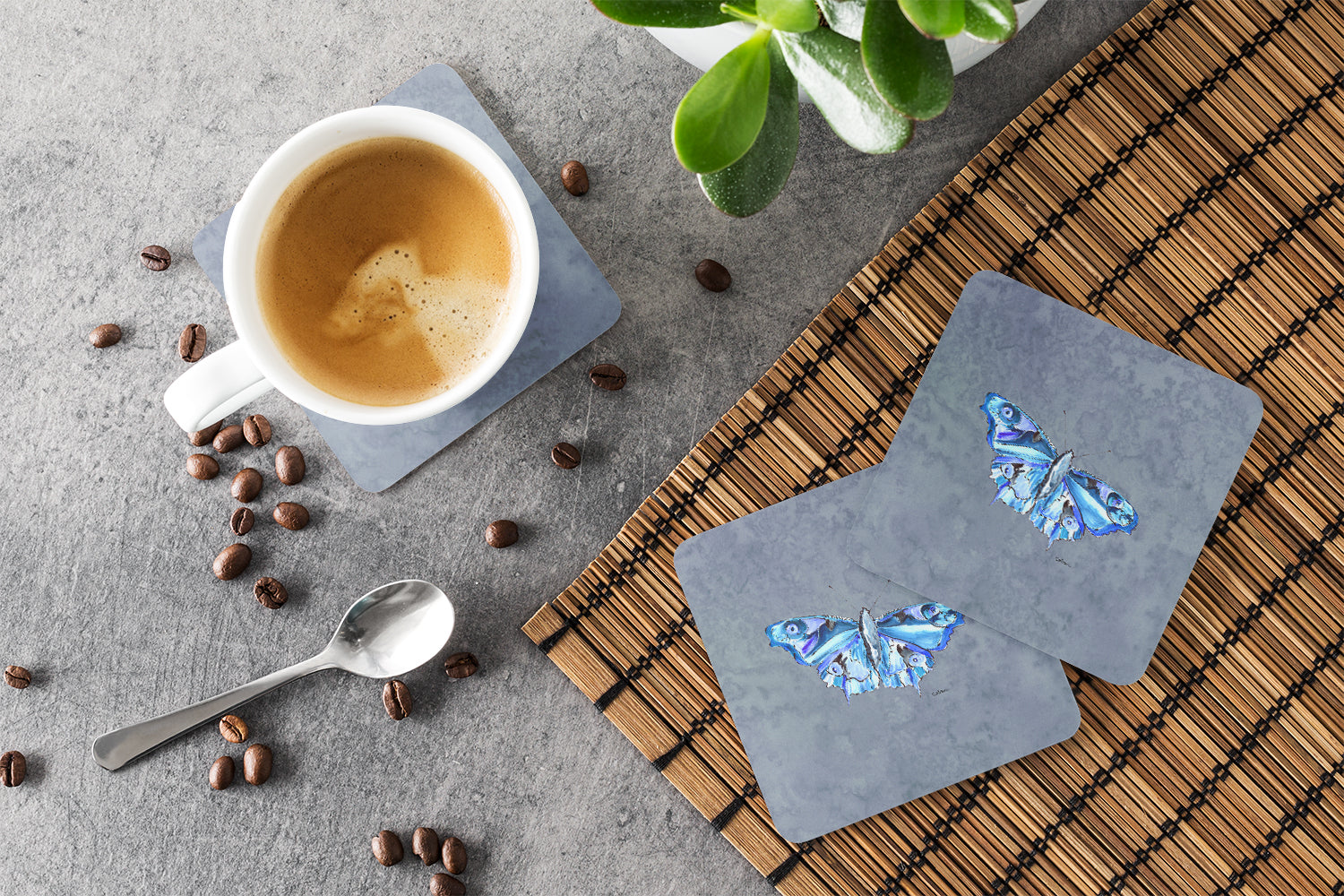 Butterfly on Gray Foam Coasters Set of 4 Cup Coasters for Indoor Outdoor, Tabletop Protection, Anti Slip, Mouse pad Material