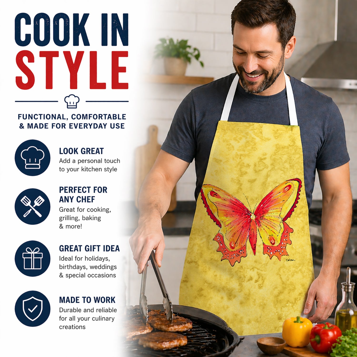 Butterfly on Yellow Apron Cooking Kitchen Server Baking Crafts Gardening for Adult Women Men, Unisex, Large, Multicolor