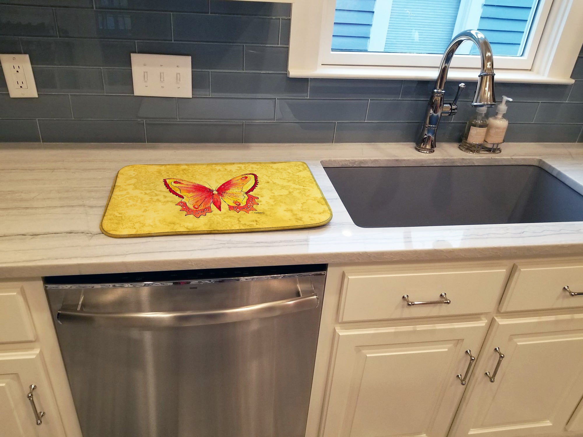 Butterfly on Yellow Dish Drying Mat Absorbent Dish Drying Mat Pad for Kitchen Counter Dish Drainer Mat for Countertop, 14 x 21", Multicolor