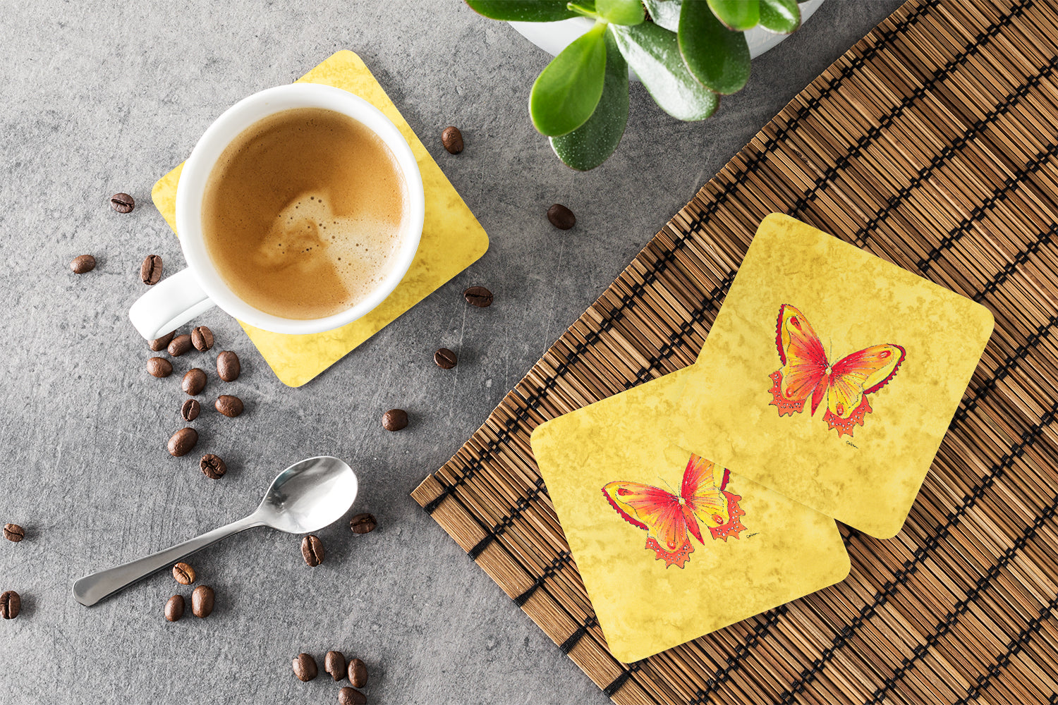 Butterfly on Yellow Foam Coasters Set of 4 Cup Coasters for Indoor Outdoor, Tabletop Protection, Anti Slip, Mouse pad Material