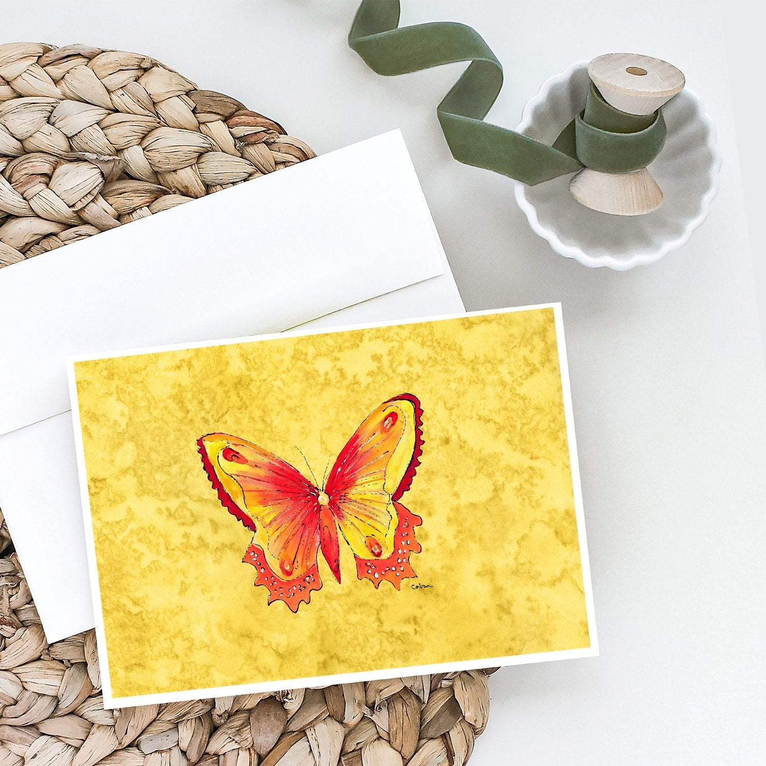 Butterfly on Yellow Greeting Cards Pack of 8 Blank Cards with Envelopes Whimsical A7 Size 5x7