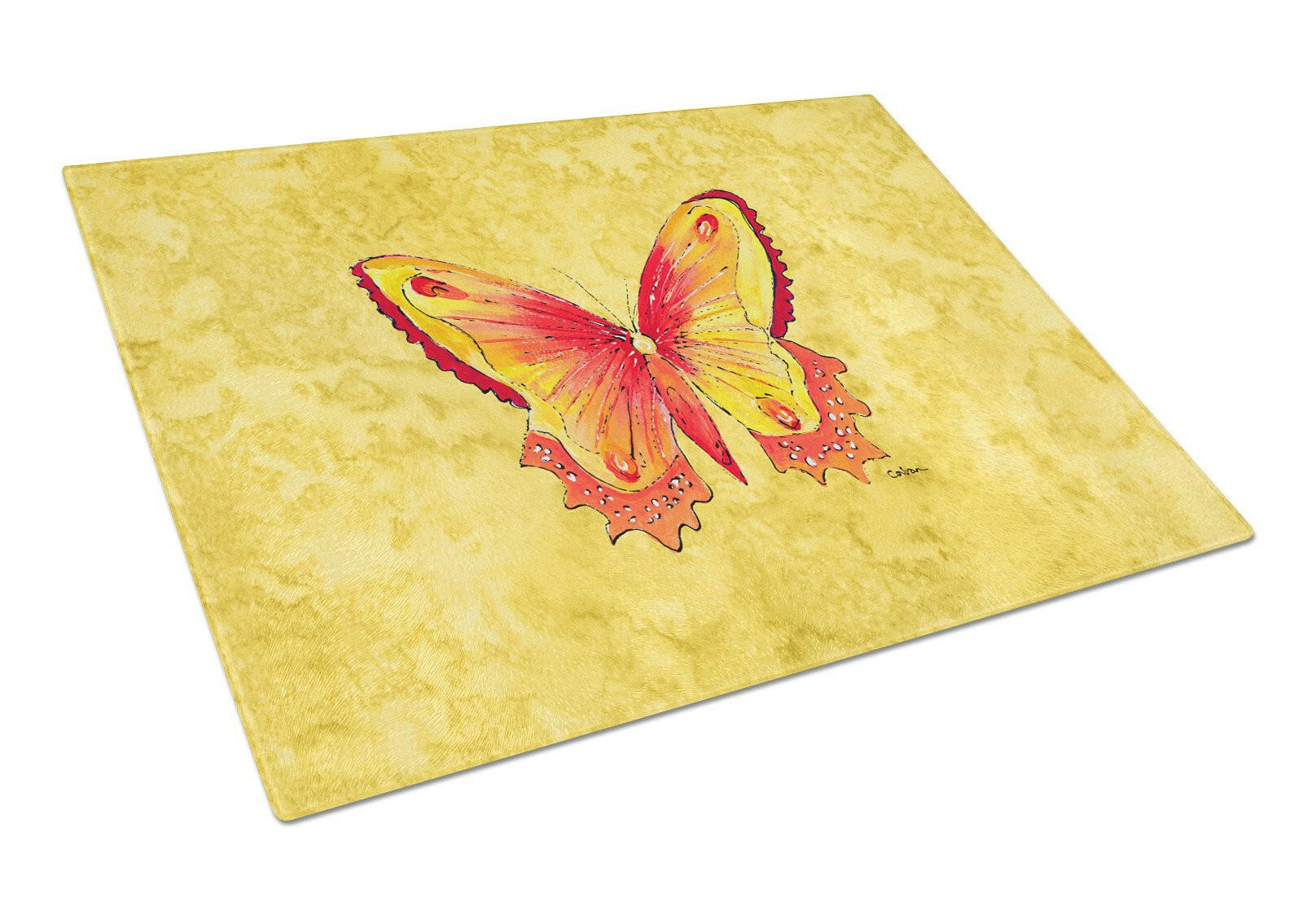 Butterfly on Yellow Cutting Board Tempered Glass Kitchen Cutting Surface, Heat Resistant Chopping, Non-Slip Feet, Food Prep & Serving