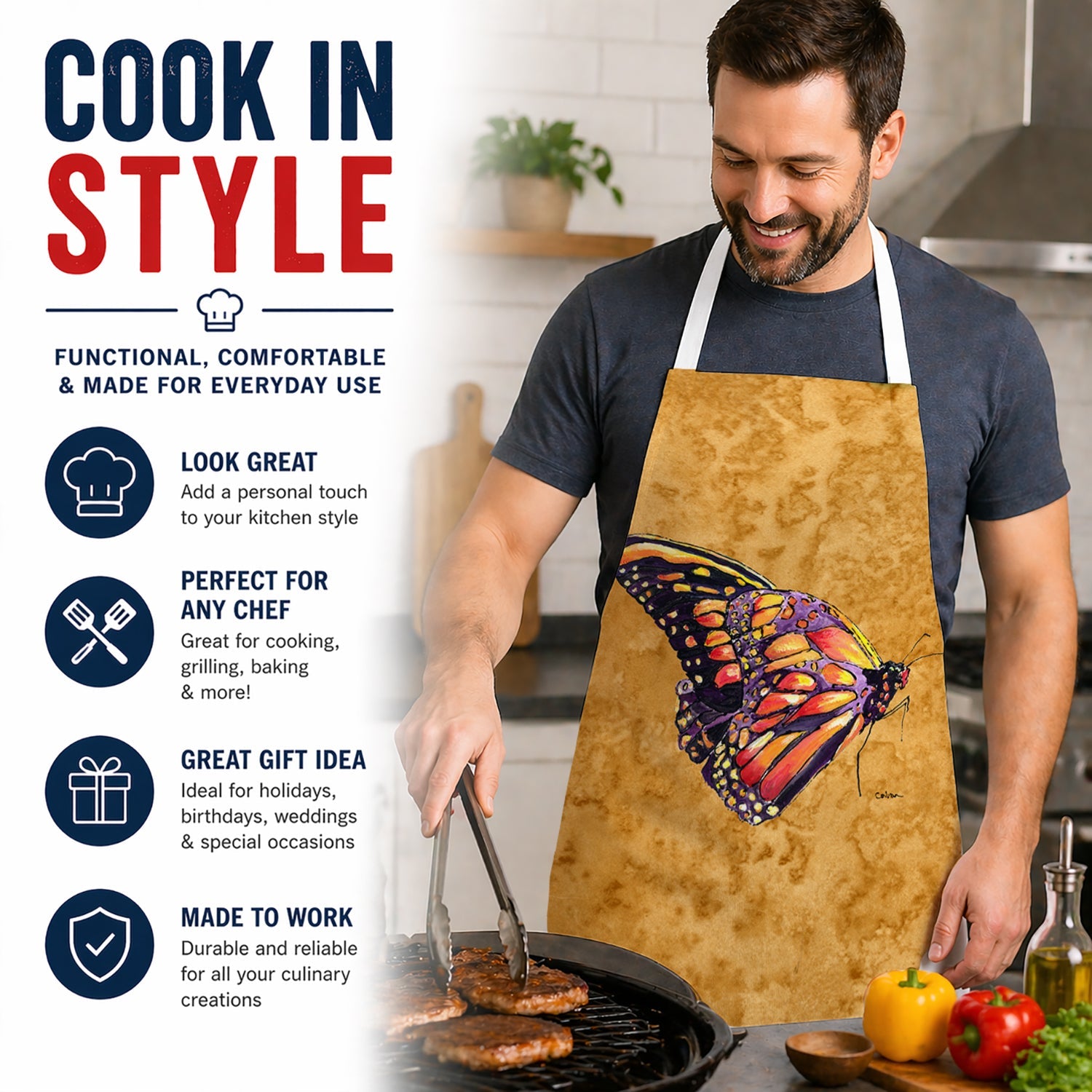 Butterfly on Gold Apron Cooking Kitchen Server Baking Crafts Gardening for Adult Women Men, Unisex, Large, Multicolor
