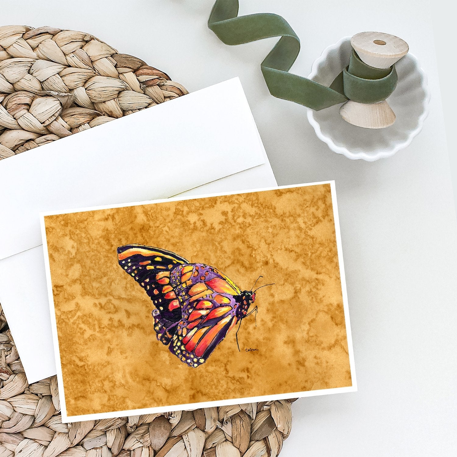 Butterfly on Gold Greeting Cards Pack of 8 Blank Cards with Envelopes Whimsical A7 Size 5x7