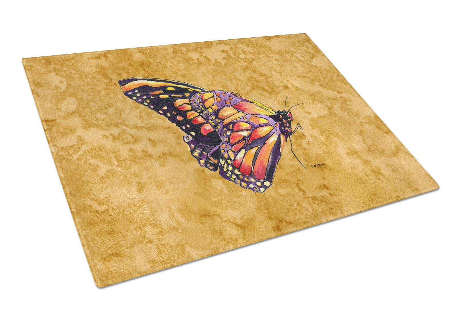Butterfly on Gold Cutting Board Tempered Glass Kitchen Cutting Surface, Heat Resistant Chopping, Non-Slip Feet, Food Prep & Serving