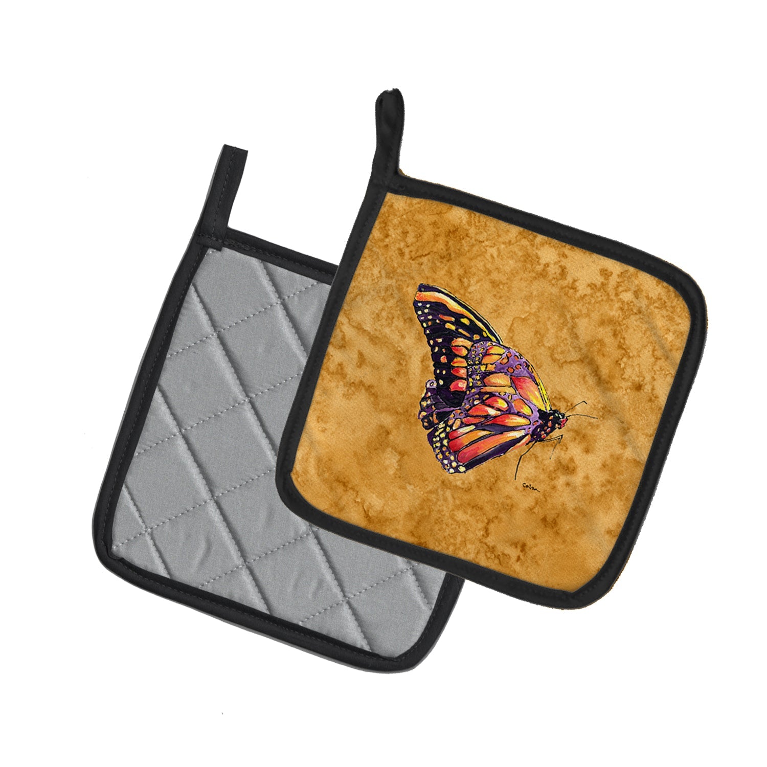 Butterfly on Gold Pot Holder Set of 2 Heat Resistant Quilted Hot Pads 7.5 x 7.5 Inch, Insulated Kitchen Trivets for Cooking & Baking