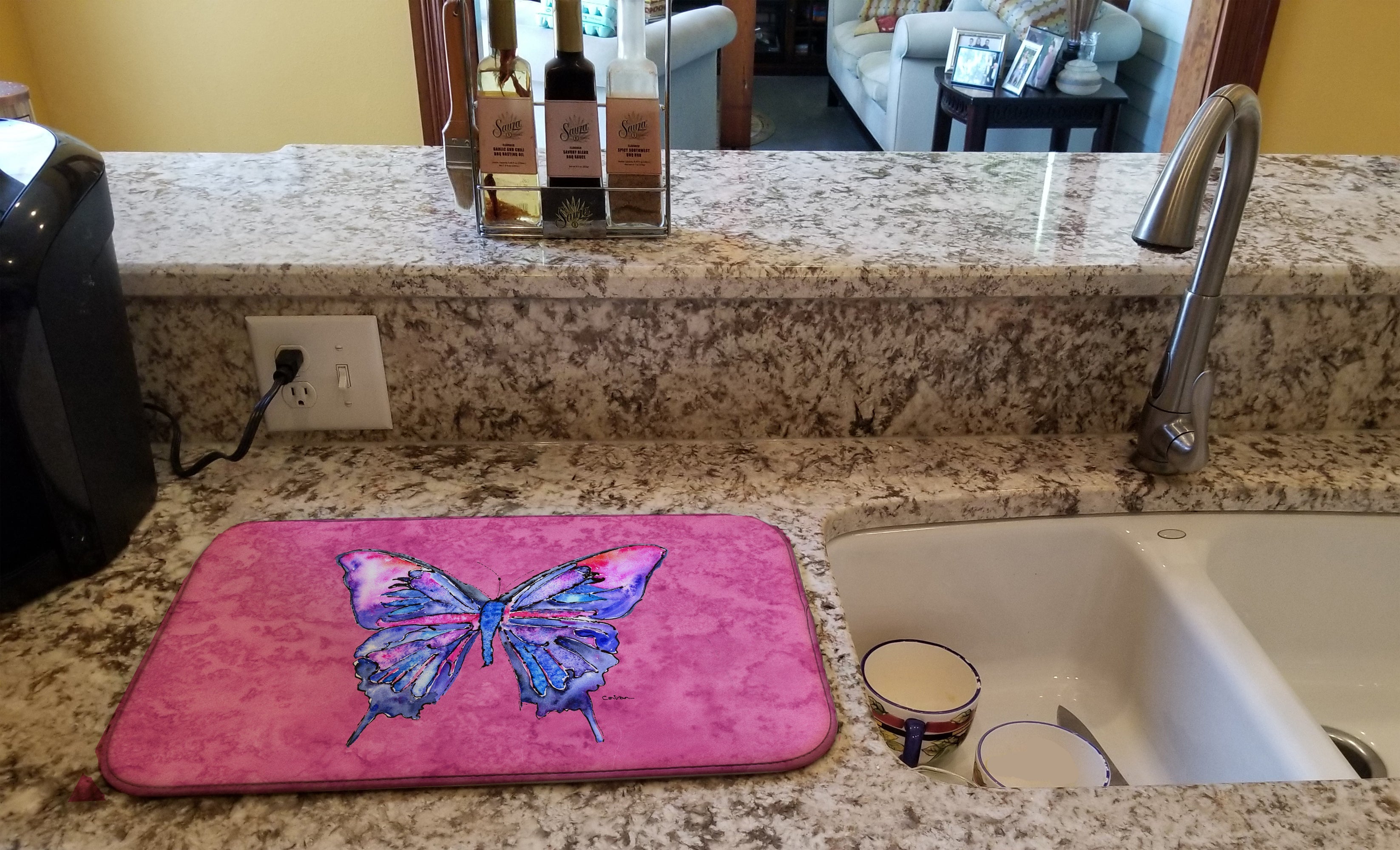 Butterfly on Pink Dish Drying Mat Absorbent Dish Drying Mat Pad for Kitchen Counter Dish Drainer Mat for Countertop, 14 x 21", Multicolor